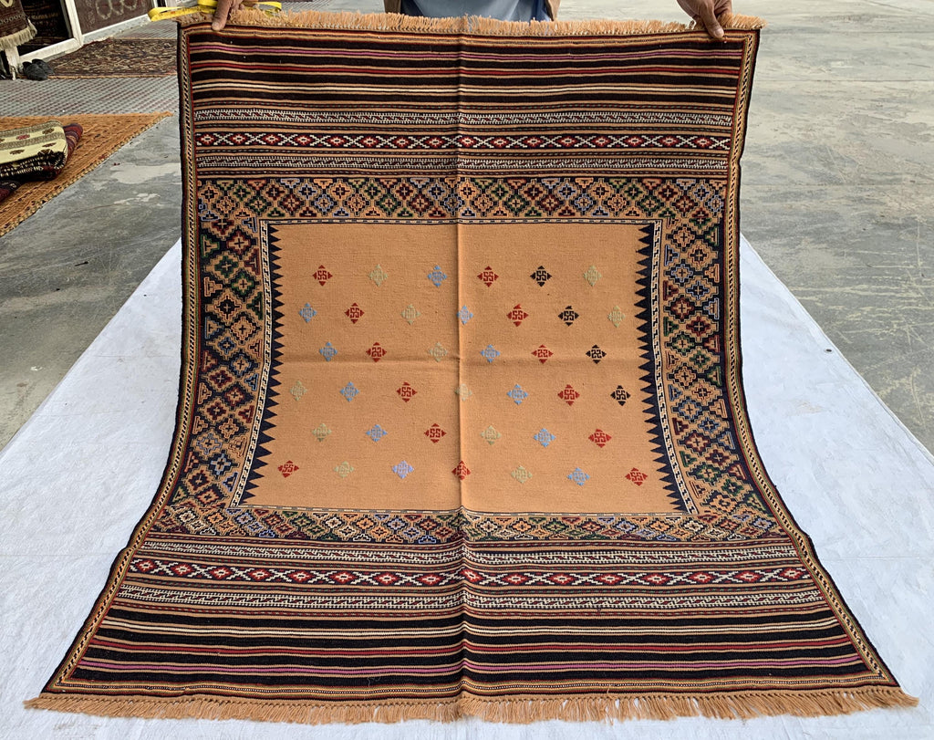 Vintage Square Kilim Rug 4.9x3.9 ft – Handwoven Wool Bronze Carpet, Tribal Geometric Pattern, Boho Ethnic Area Rug, Rug for Kitchen, Bedroom
