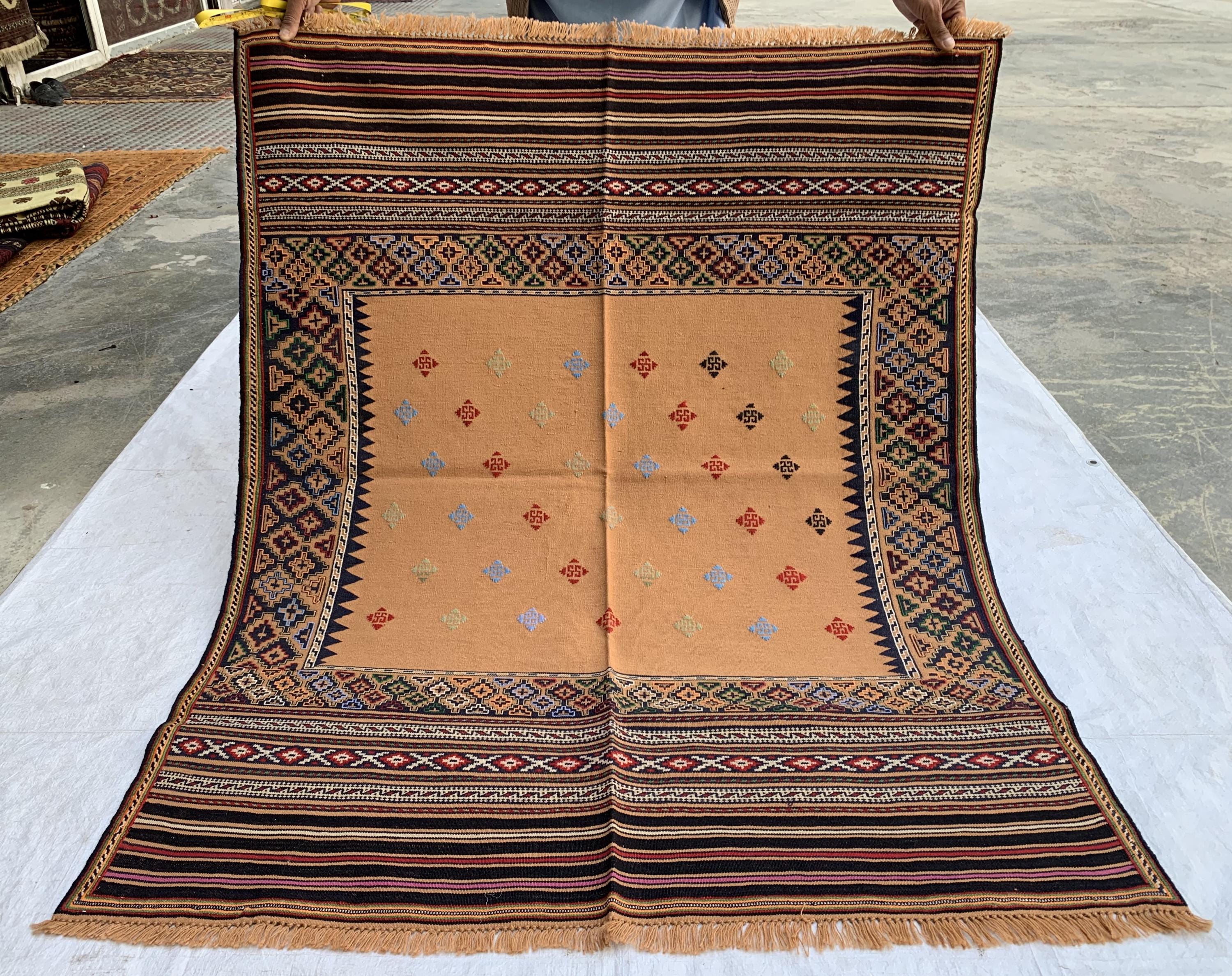 Vintage Square Kilim Rug 4.9x3.9 ft – Handwoven Wool Bronze Carpet, Tribal Geometric Pattern, Boho Ethnic Area Rug, Rug for Kitchen, Bedroom