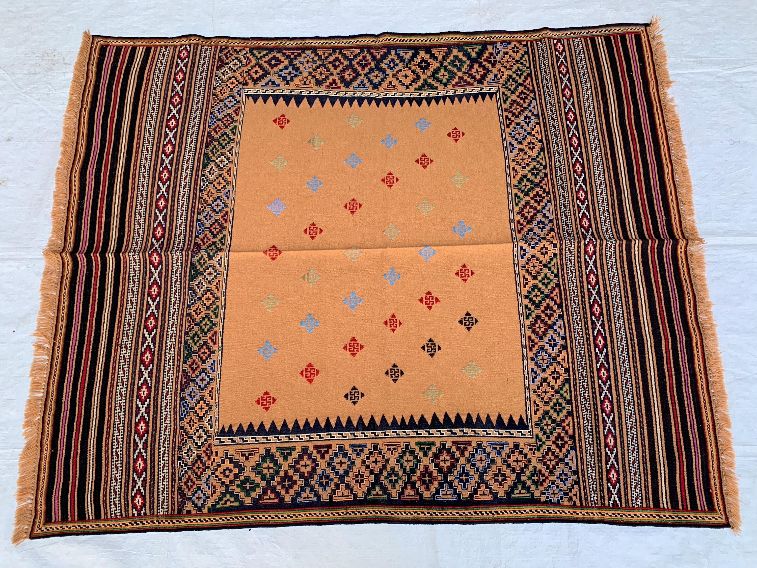 Vintage Square Kilim Rug 4.9x3.9 ft – Handwoven Wool Bronze Carpet, Tribal Geometric Pattern, Boho Ethnic Area Rug, Rug for Kitchen, Bedroom