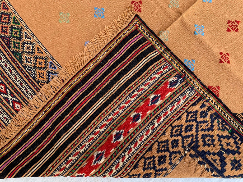 Vintage Square Kilim Rug 4.9x3.9 ft – Handwoven Wool Bronze Carpet, Tribal Geometric Pattern, Boho Ethnic Area Rug, Rug for Kitchen, Bedroom