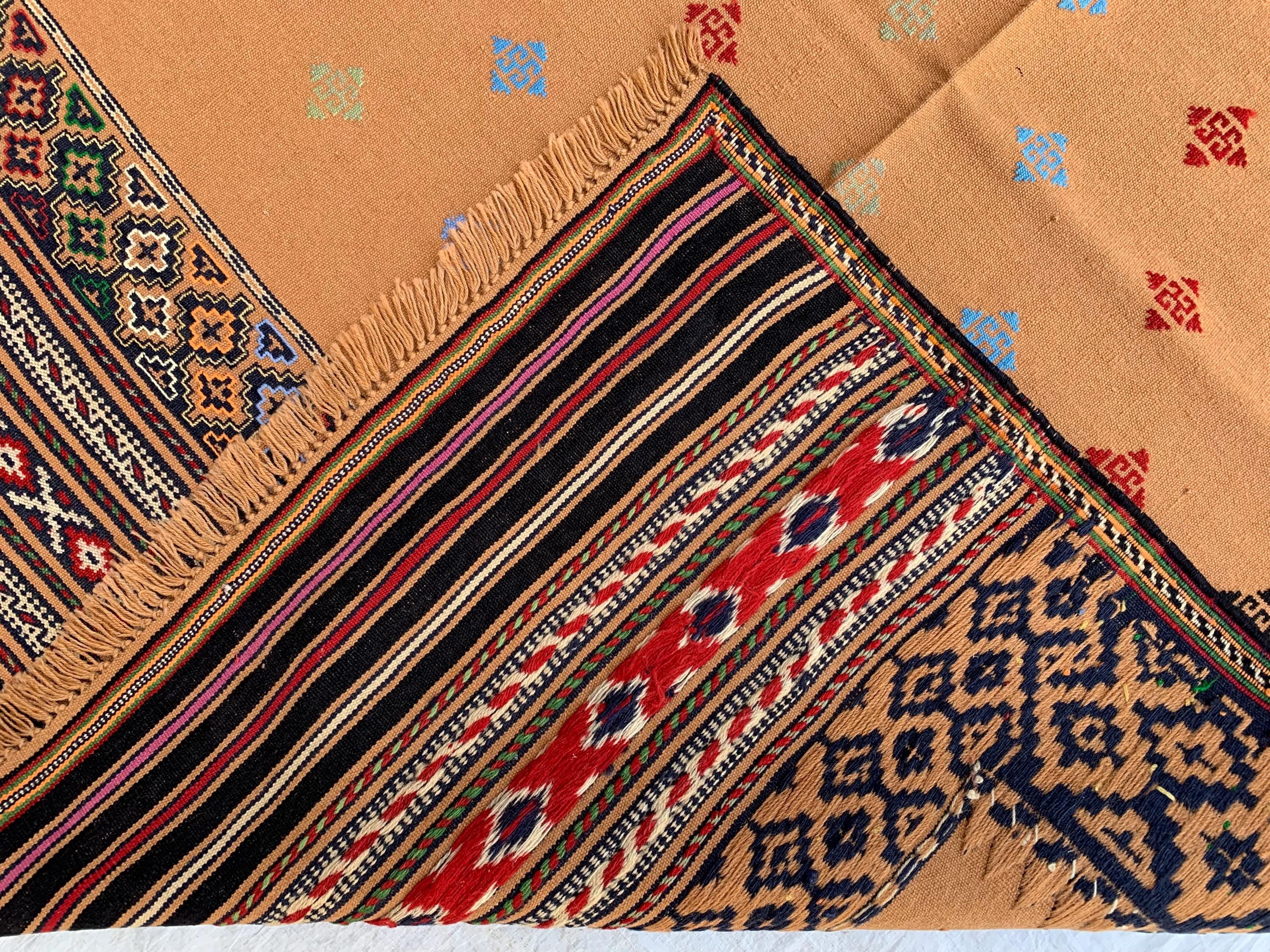 Vintage Square Kilim Rug 4.9x3.9 ft – Handwoven Wool Bronze Carpet, Tribal Geometric Pattern, Boho Ethnic Area Rug, Rug for Kitchen, Bedroom