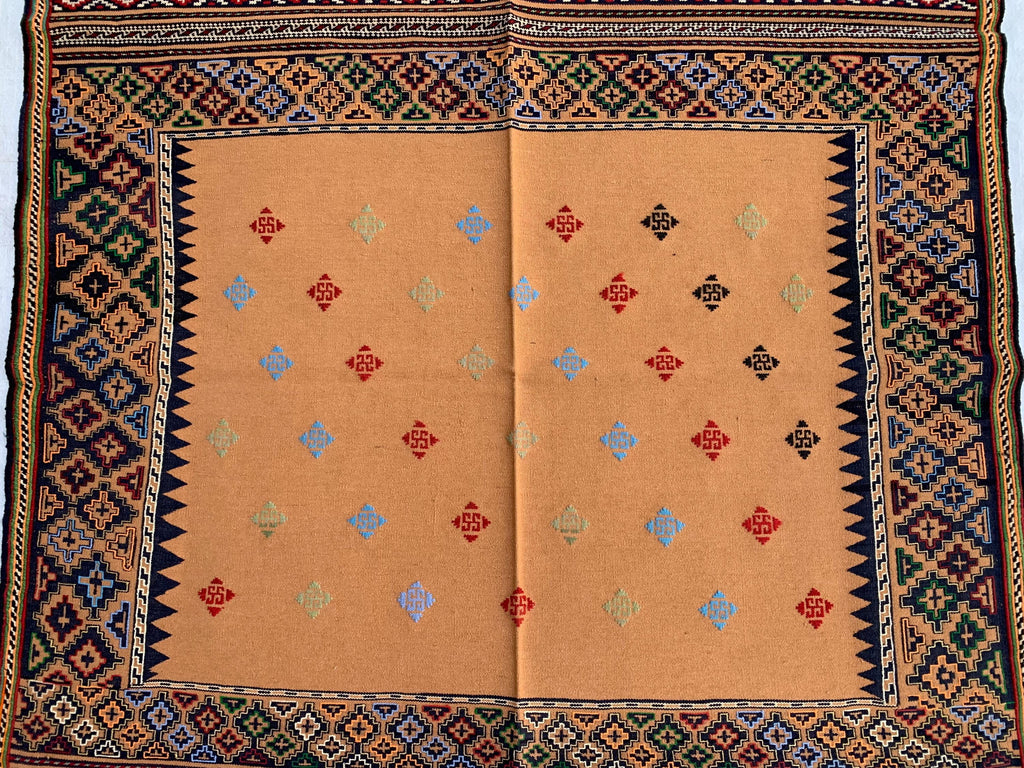 Vintage Square Kilim Rug 4.9x3.9 ft – Handwoven Wool Bronze Carpet, Tribal Geometric Pattern, Boho Ethnic Area Rug, Rug for Kitchen, Bedroom