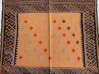 Vintage Square Kilim Rug 4.9x3.9 ft – Handwoven Wool Bronze Carpet, Tribal Geometric Pattern, Boho Ethnic Area Rug, Rug for Kitchen, Bedroom