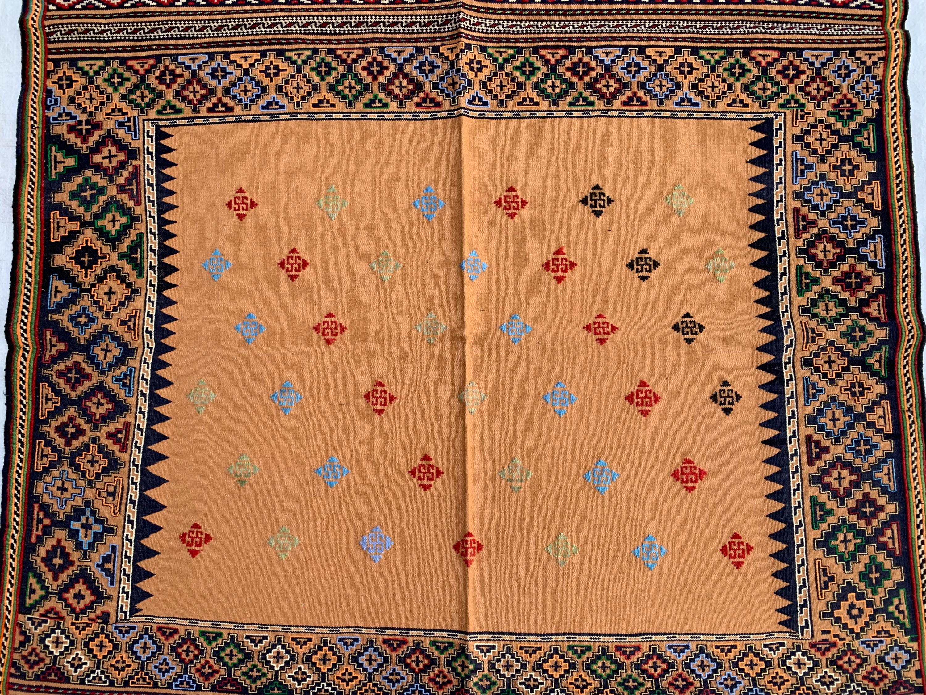 Vintage Square Kilim Rug 4.9x3.9 ft – Handwoven Wool Bronze Carpet, Tribal Geometric Pattern, Boho Ethnic Area Rug, Rug for Kitchen, Bedroom