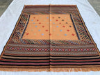 Vintage Square Kilim Rug 4.9x3.9 ft – Handwoven Wool Bronze Carpet, Tribal Geometric Pattern, Boho Ethnic Area Rug, Rug for Kitchen, Bedroom