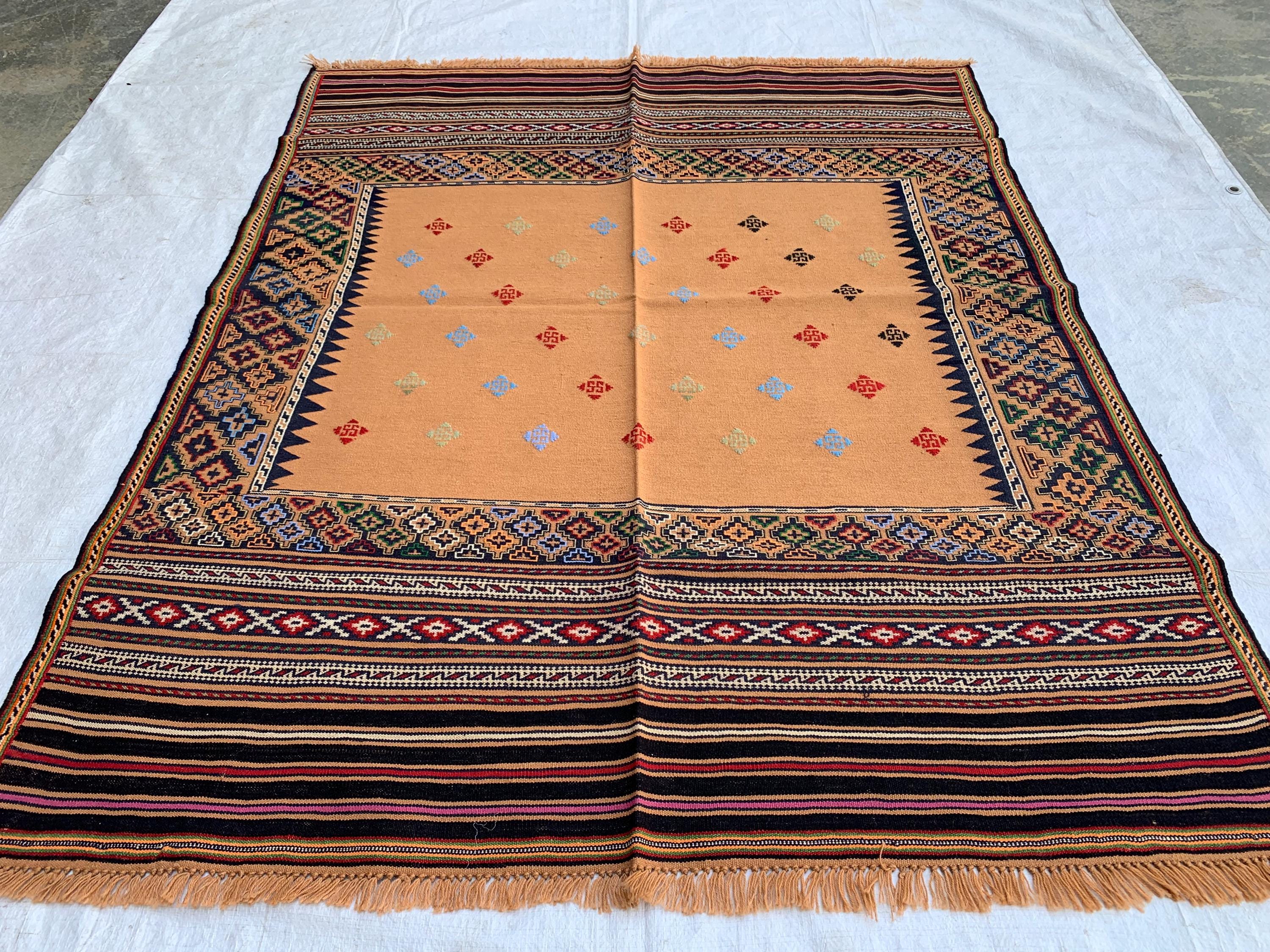 Vintage Square Kilim Rug 4.9x3.9 ft – Handwoven Wool Bronze Carpet, Tribal Geometric Pattern, Boho Ethnic Area Rug, Rug for Kitchen, Bedroom