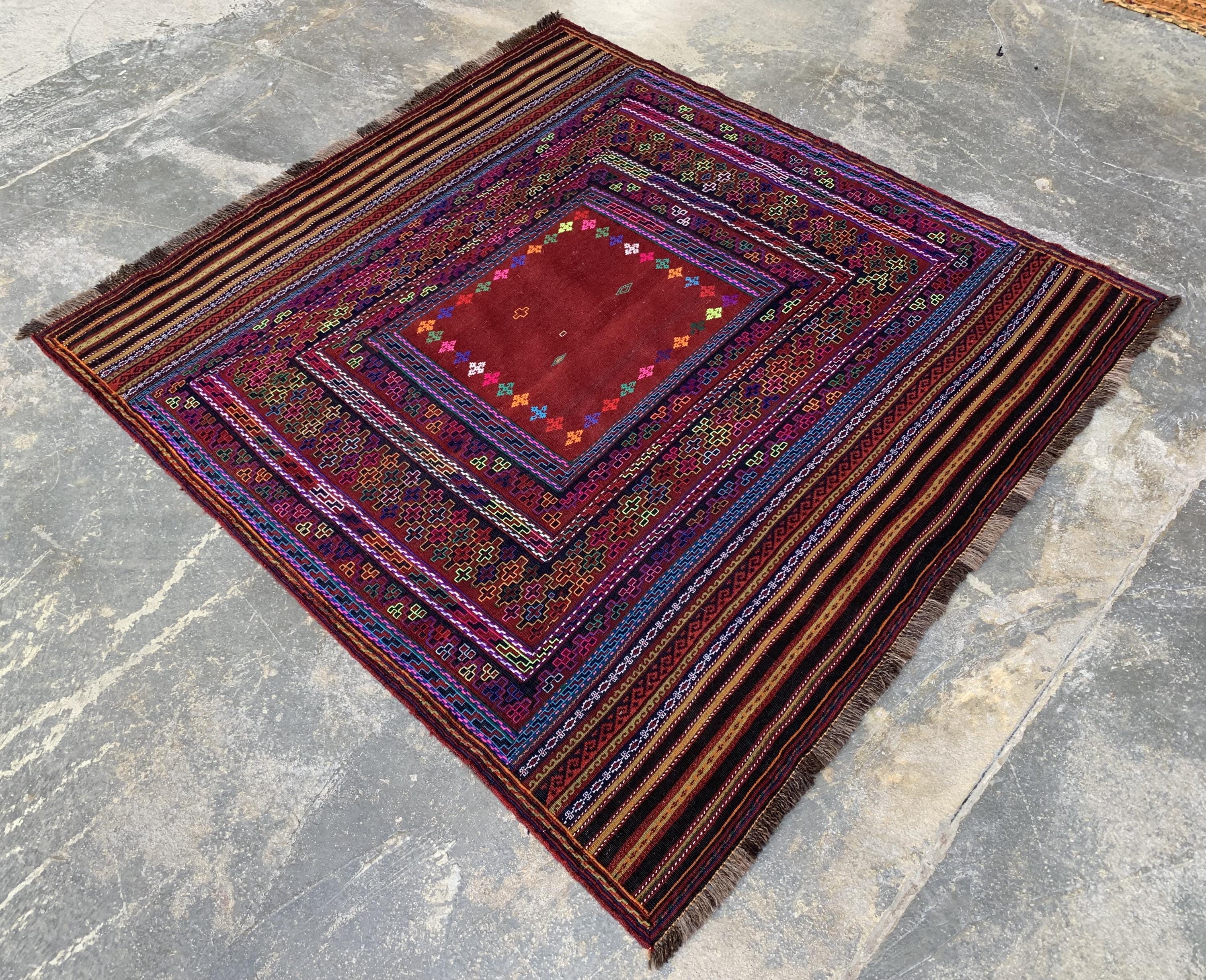Afghan Vintage Kilim Rug 5x5ft, – Handwoven Wool Tribal Carpet, Boho Area Rug for Living Room, Bedroom, or Entryway, Rustic Home Decor