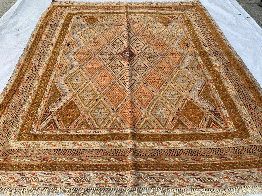 Vintage Afghan Kilim Rug 5x4ft – Handwoven Wool Flatweave, Tribal Geometric Boho Carpet, Earth Tone Area Rug, Entryway or Wall Hanging