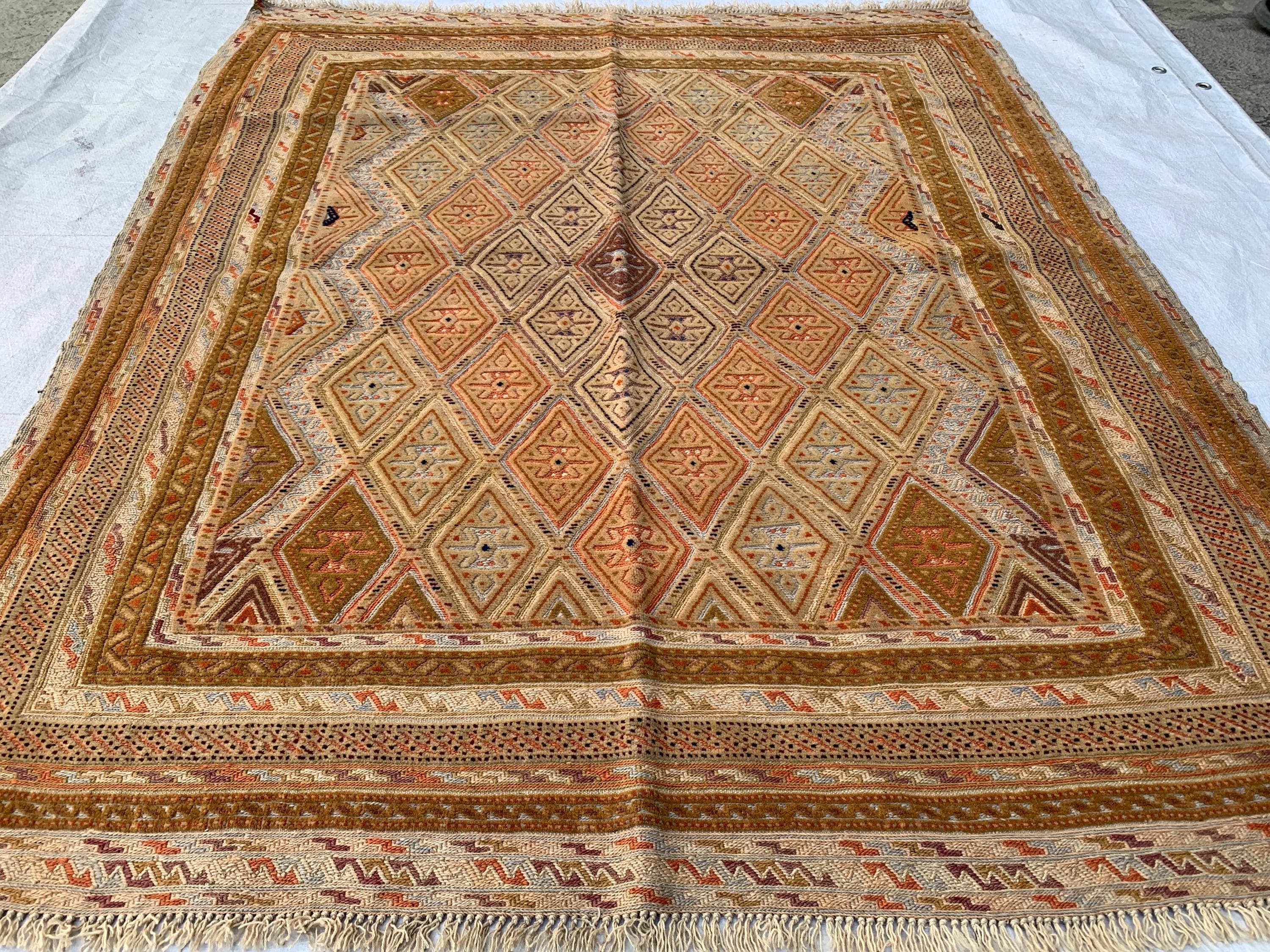 Vintage Afghan Kilim Rug 5x4ft – Handwoven Wool Flatweave, Tribal Geometric Boho Carpet, Earth Tone Area Rug, Entryway or Wall Hanging