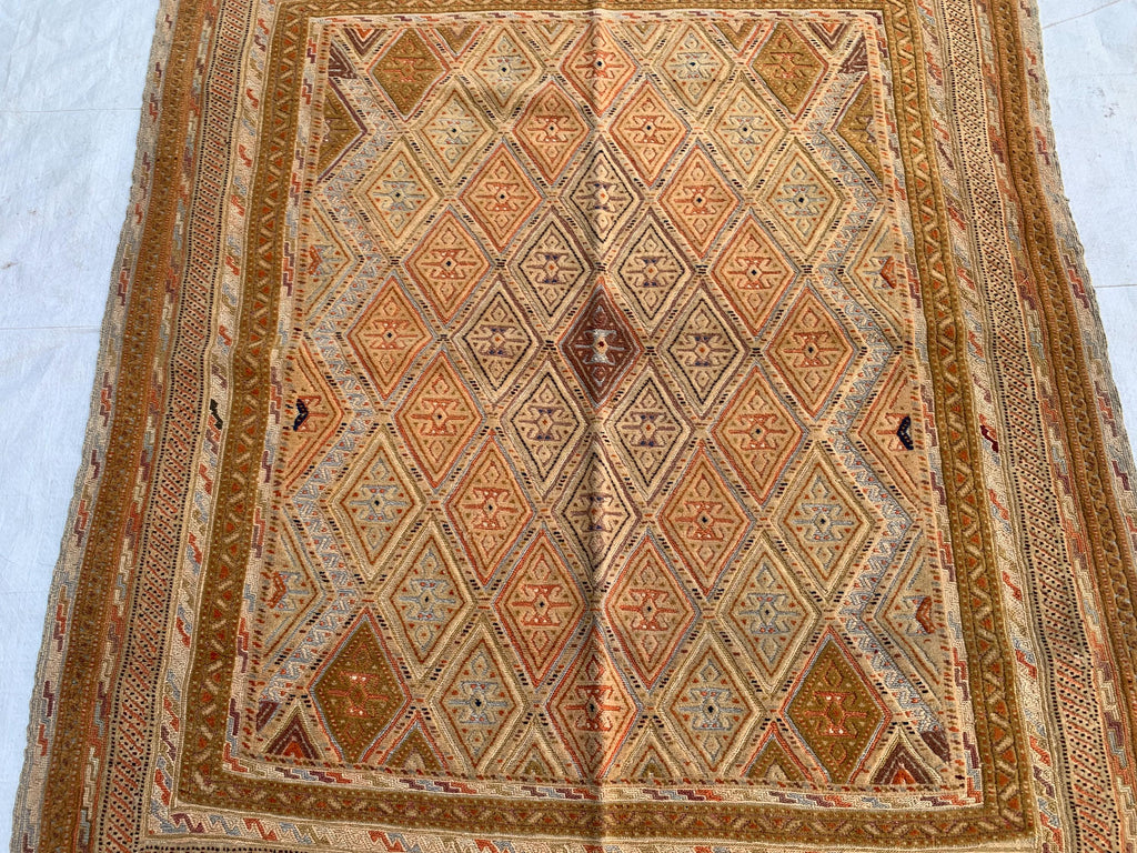 Vintage Afghan Kilim Rug 5x4ft – Handwoven Wool Flatweave, Tribal Geometric Boho Carpet, Earth Tone Area Rug, Entryway or Wall Hanging
