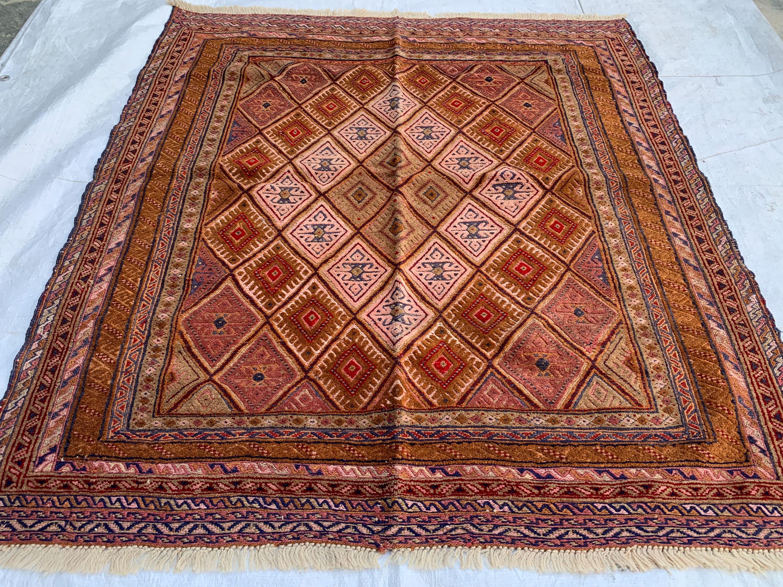 Vintage Kilim Rug 4.2x4 ft | Handmade Afghan Flatweave | Boho Decor | Turkmen Small Area Rug | Rustic Kilim Carpet, Perfect for Kitchen