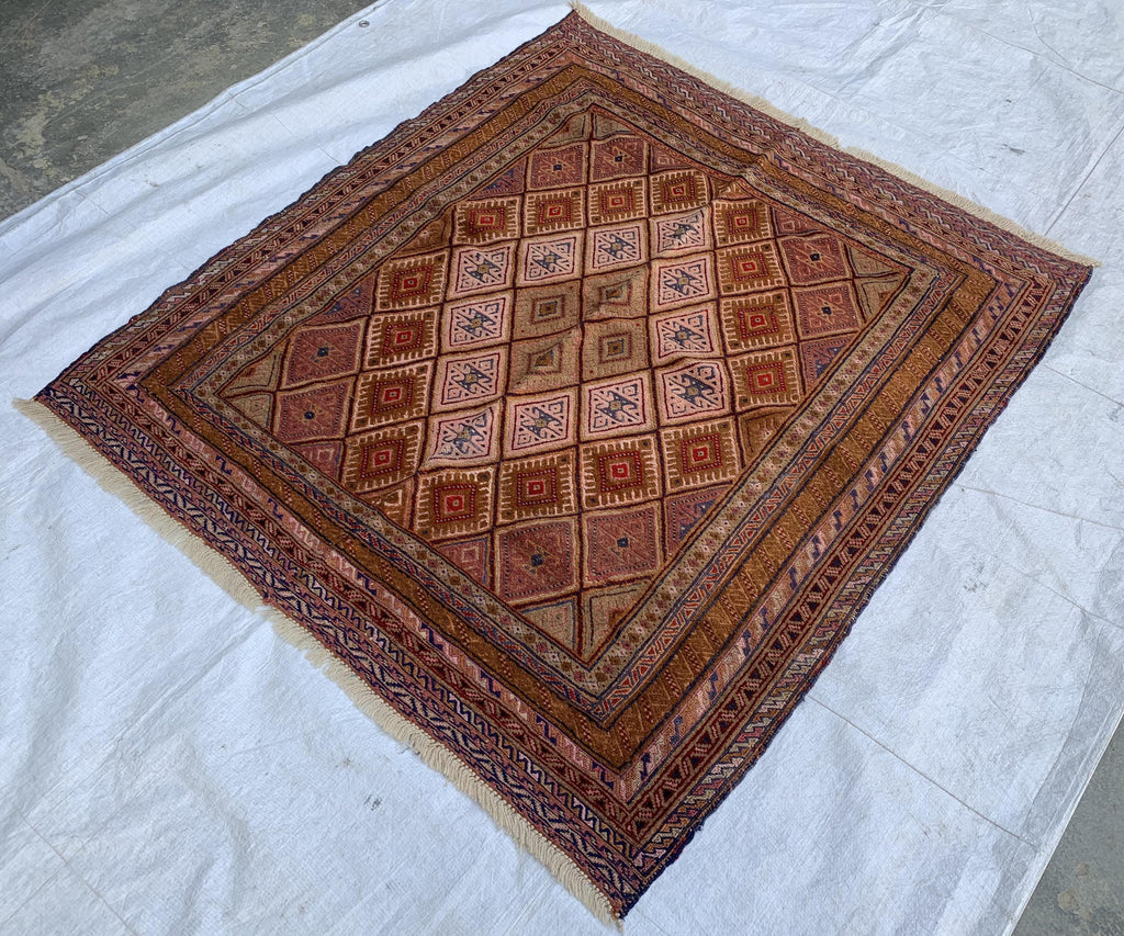 Vintage Kilim Rug 4.2x4 ft | Handmade Afghan Flatweave | Boho Decor | Turkmen Small Area Rug | Rustic Kilim Carpet, Perfect for Kitchen
