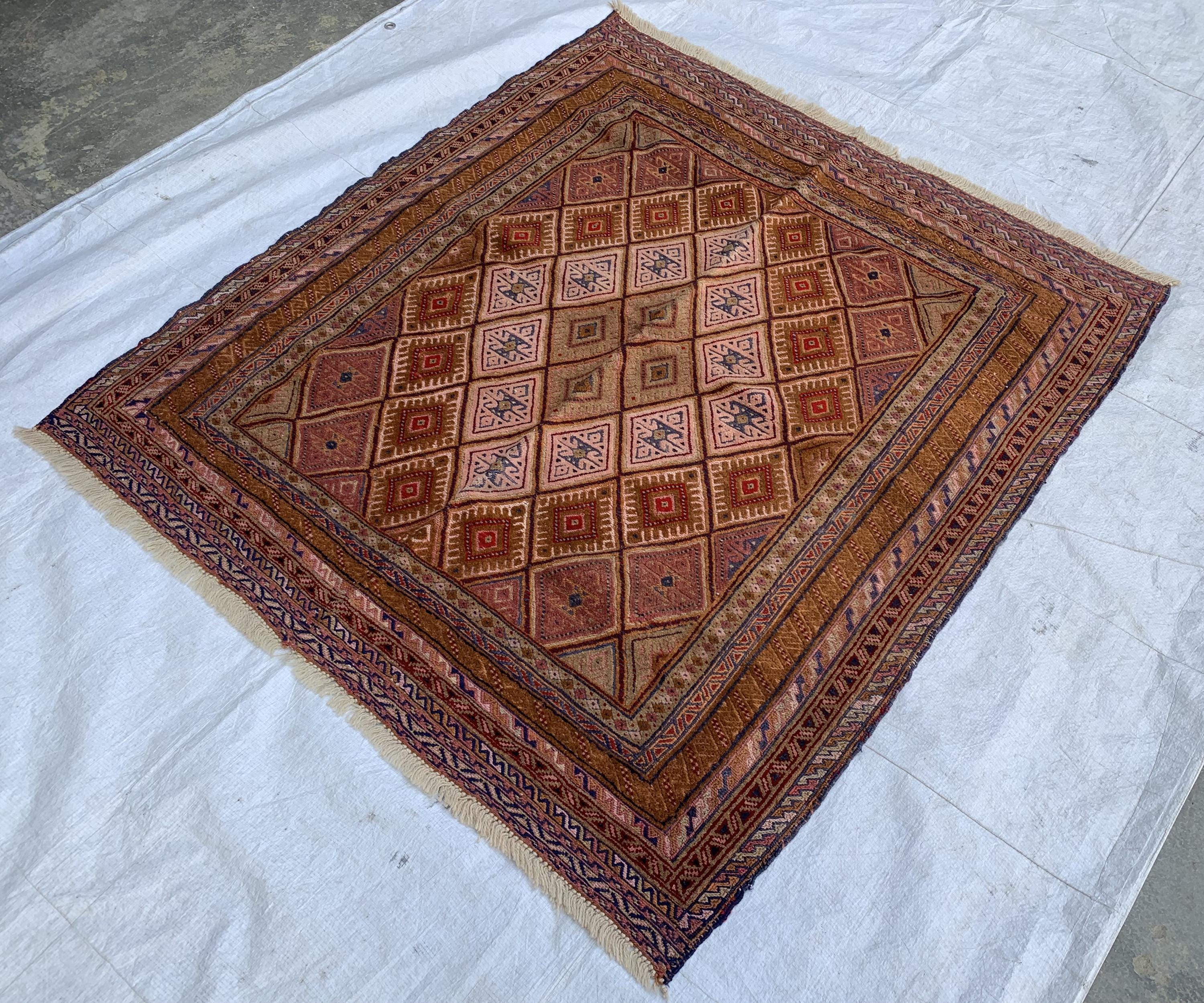 Vintage Kilim Rug 4.2x4 ft | Handmade Afghan Flatweave | Boho Decor | Turkmen Small Area Rug | Rustic Kilim Carpet, Perfect for Kitchen
