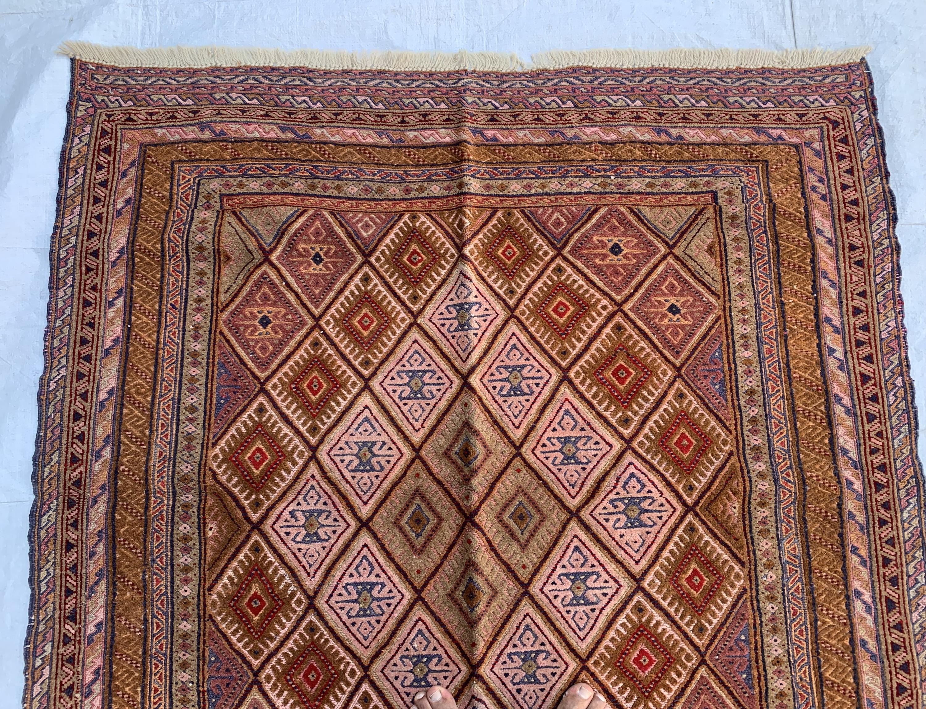Vintage Kilim Rug 4.2x4 ft | Handmade Afghan Flatweave | Boho Decor | Turkmen Small Area Rug | Rustic Kilim Carpet, Perfect for Kitchen