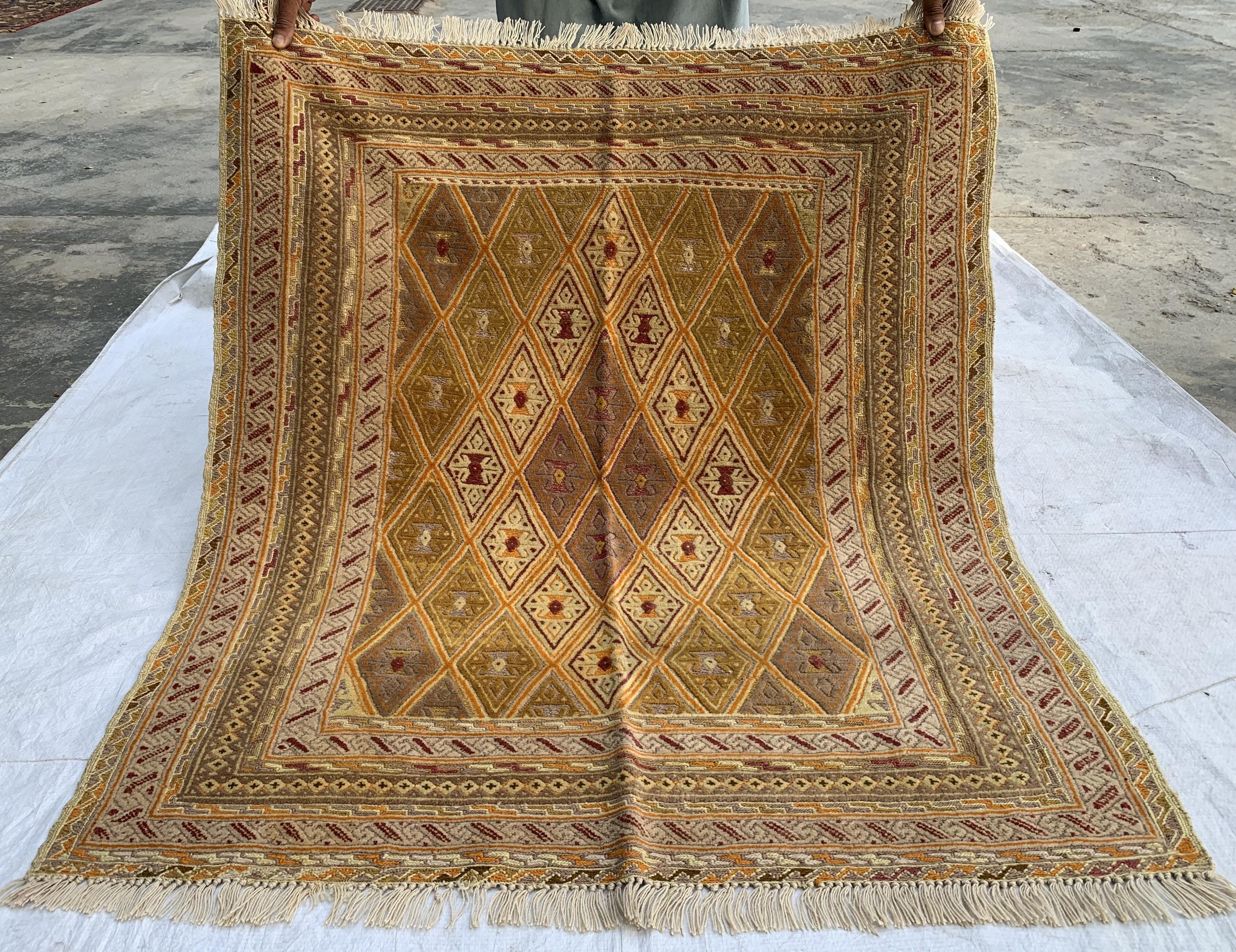 3x4ft, Vintage Afghan Kilim Rug | Golden Yellow Handmade Flatweave | Boho Decor | Geometric Wool Area Carpet, Bedroom Rug, Kitchen Rug