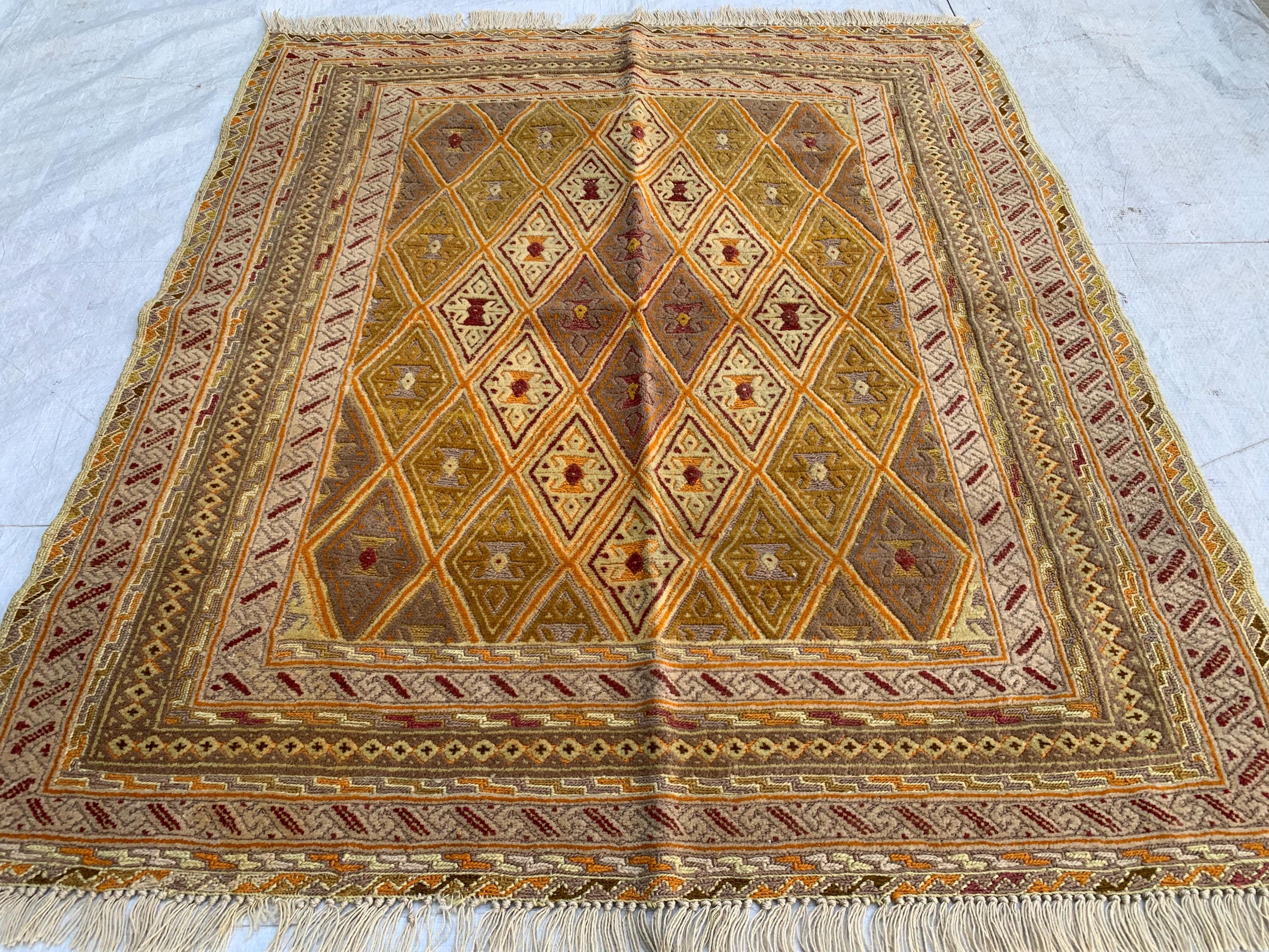 3x4ft, Vintage Afghan Kilim Rug | Golden Yellow Handmade Flatweave | Boho Decor | Geometric Wool Area Carpet, Bedroom Rug, Kitchen Rug