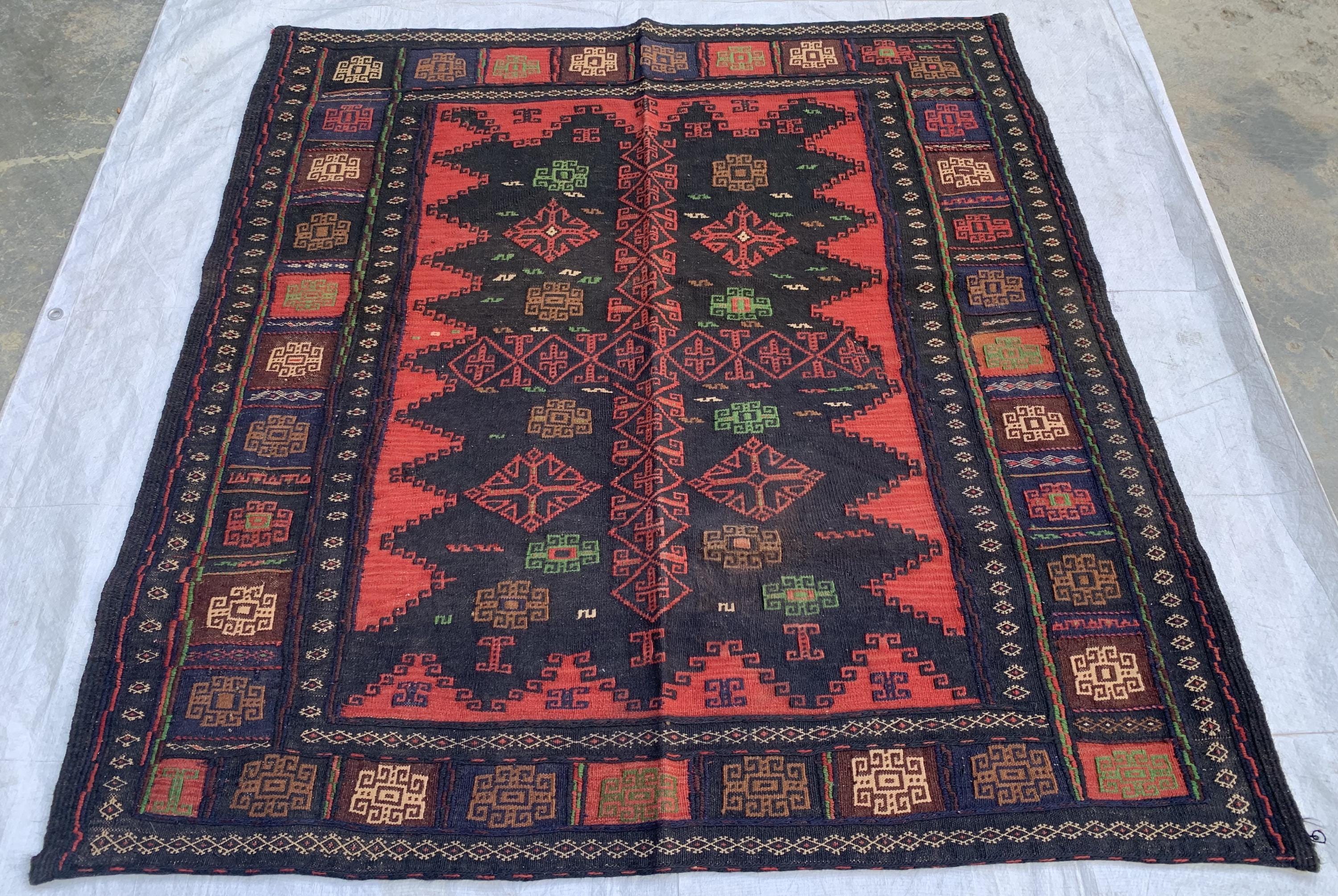 Vintage Afghan Kilim Rug 5x5ft | Black Red Wool Flatweave | Handmade Tribal Carpet | Boho Area Rug | Wall Hanging or Floor Decor 155x145cm