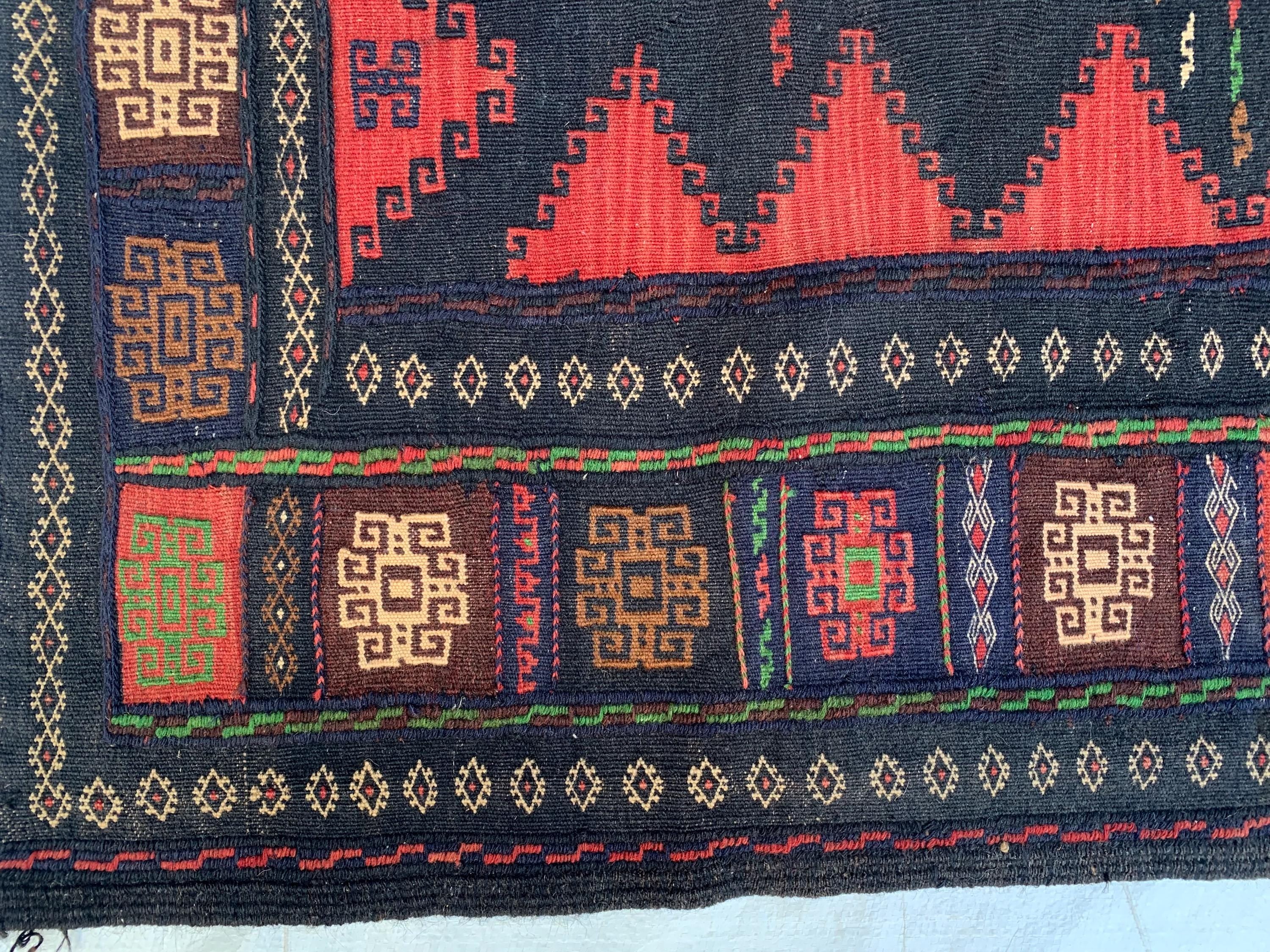 Vintage Afghan Kilim Rug 5x5ft | Black Red Wool Flatweave | Handmade Tribal Carpet | Boho Area Rug | Wall Hanging or Floor Decor 155x145cm