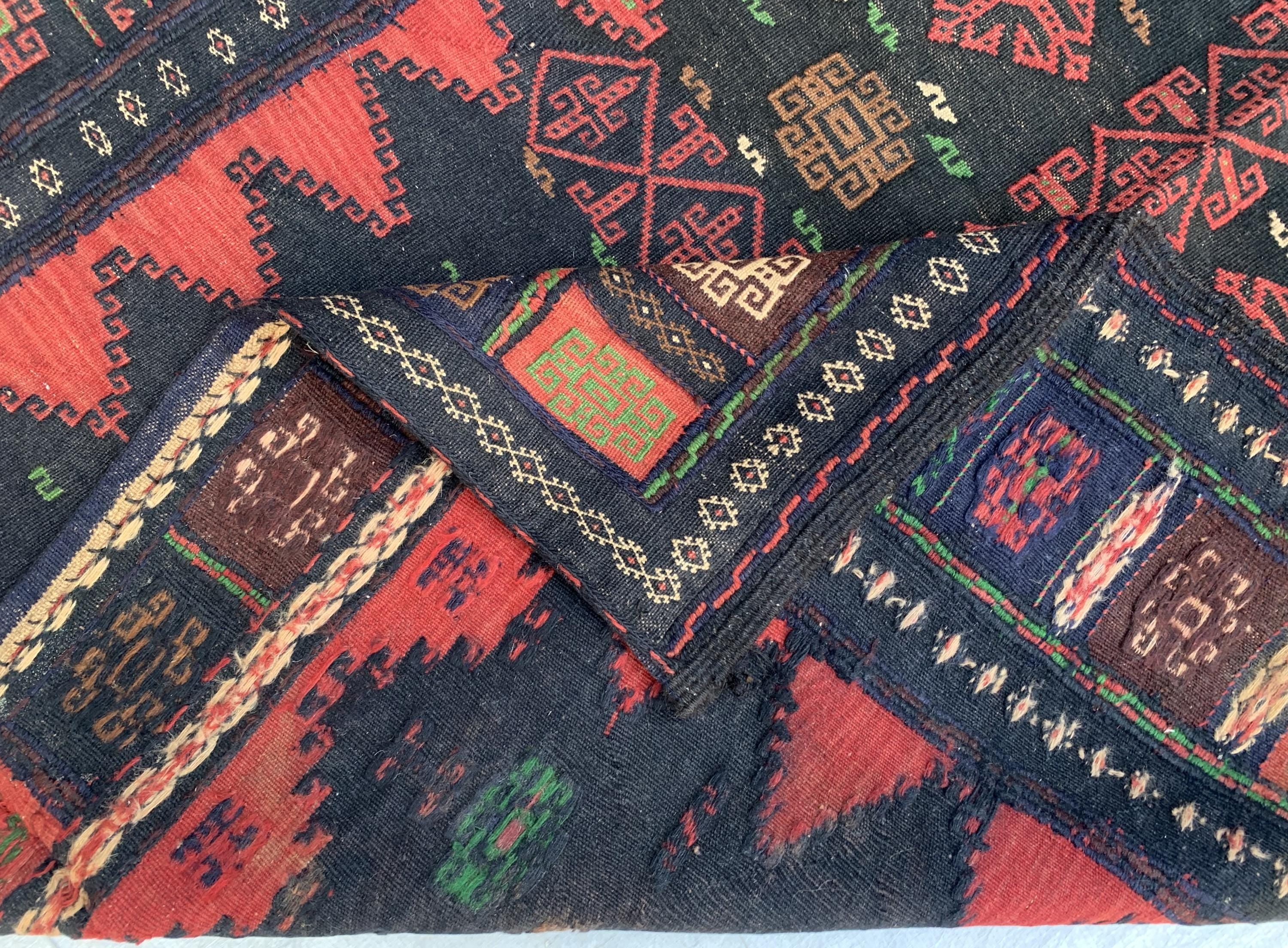 Vintage Afghan Kilim Rug 5x5ft | Black Red Wool Flatweave | Handmade Tribal Carpet | Boho Area Rug | Wall Hanging or Floor Decor 155x145cm