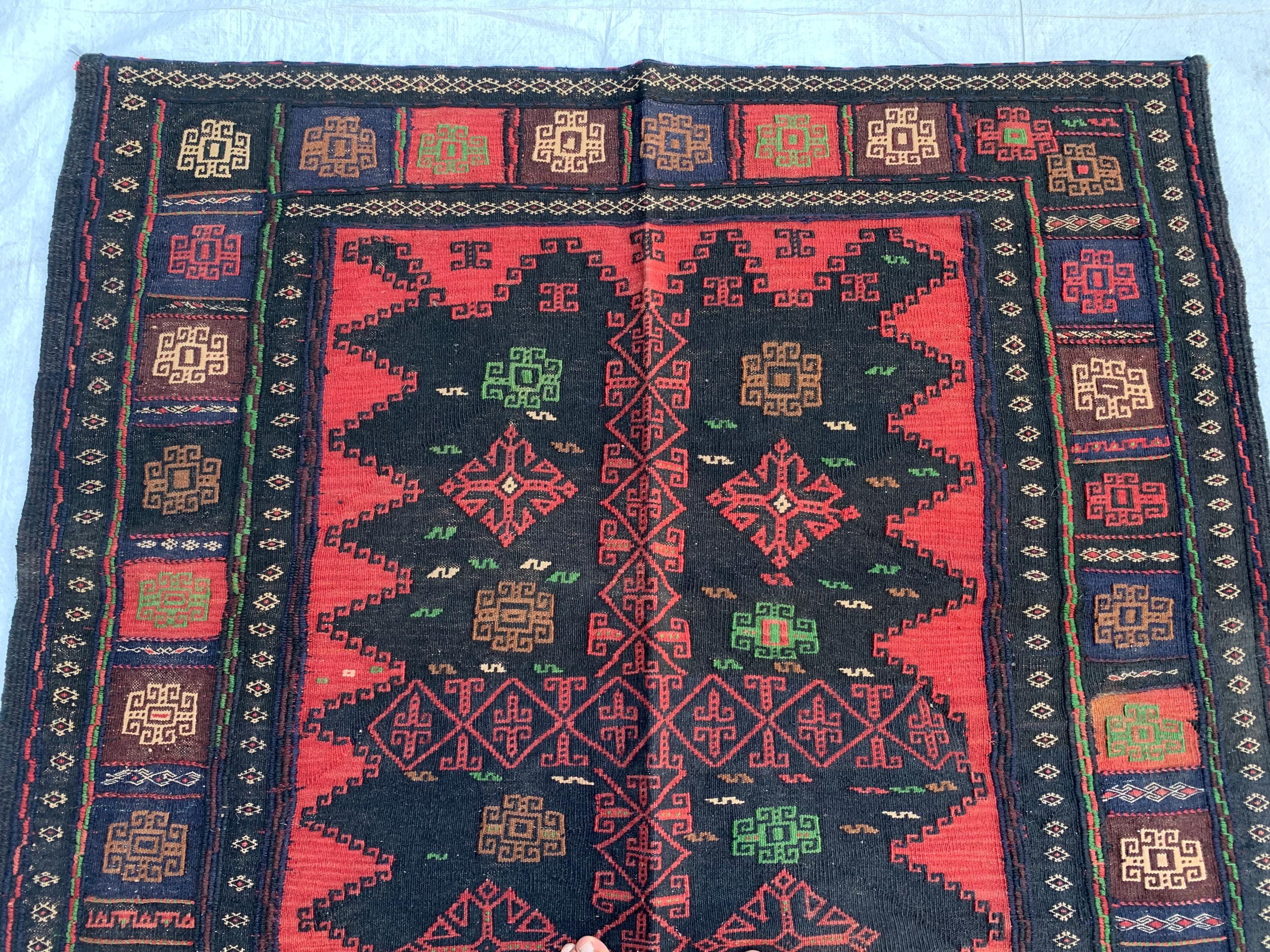 Vintage Afghan Kilim Rug 5x5ft | Black Red Wool Flatweave | Handmade Tribal Carpet | Boho Area Rug | Wall Hanging or Floor Decor 155x145cm