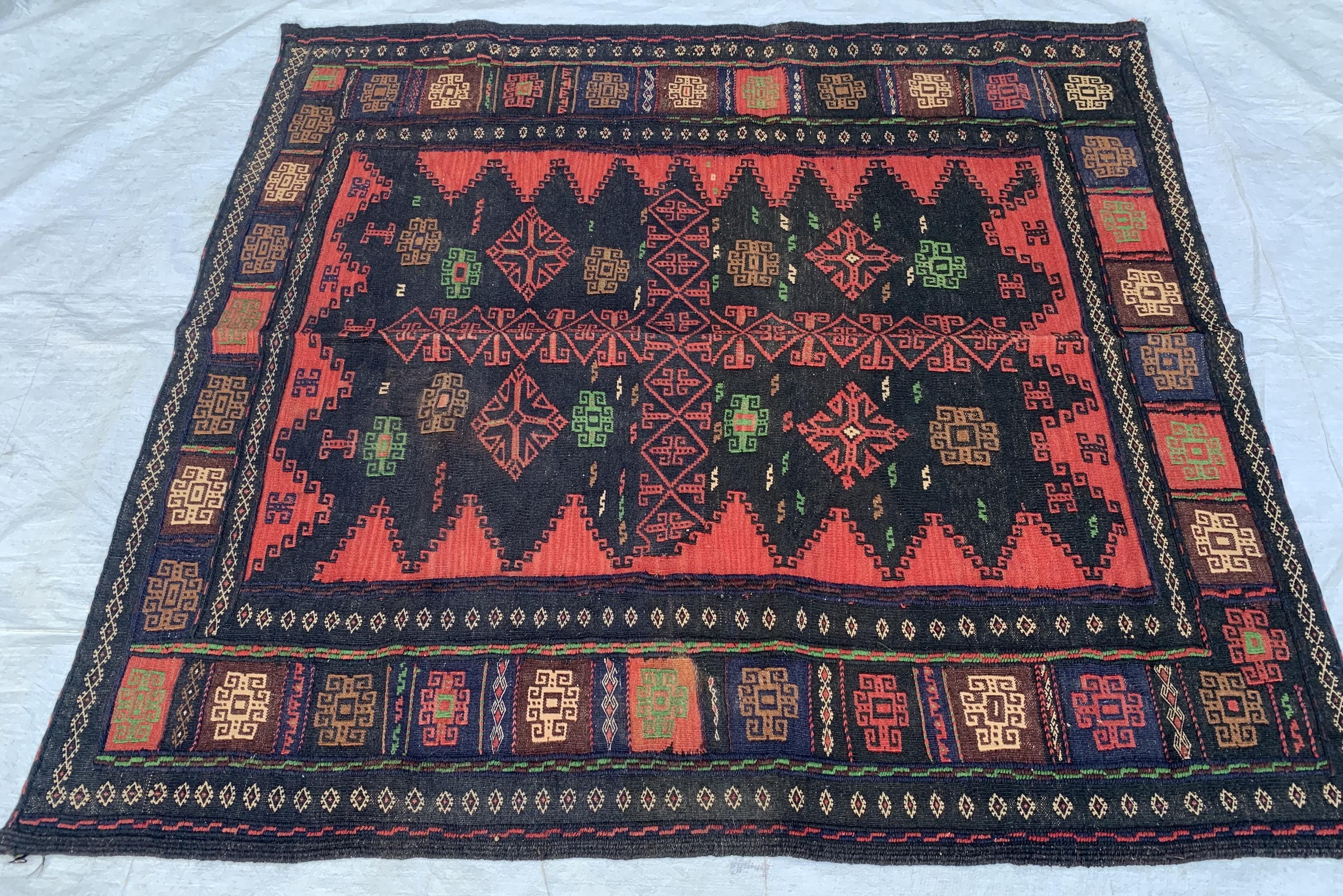 Vintage Afghan Kilim Rug 5x5ft | Black Red Wool Flatweave | Handmade Tribal Carpet | Boho Area Rug | Wall Hanging or Floor Decor 155x145cm