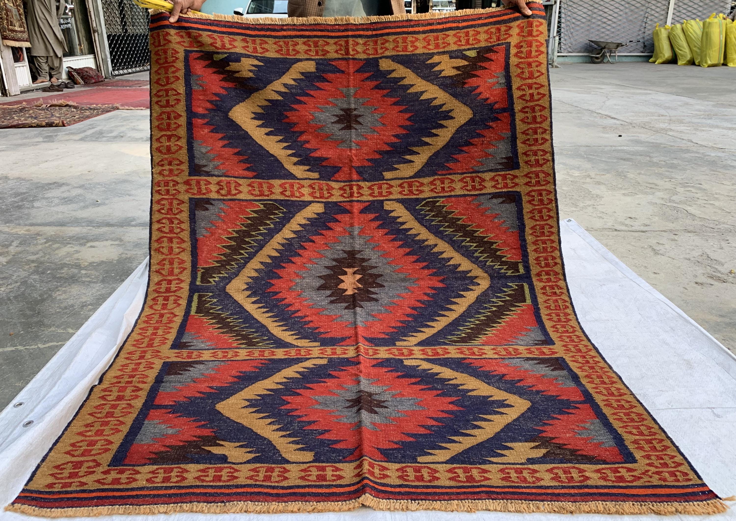 Antique Afghan Kilim Rug 5.8x4.5ft | Handwoven Wool Flatweave | Tribal Geometric Carpet |Boho Decor| Collectible Vintage Rug, Livingroom Rug