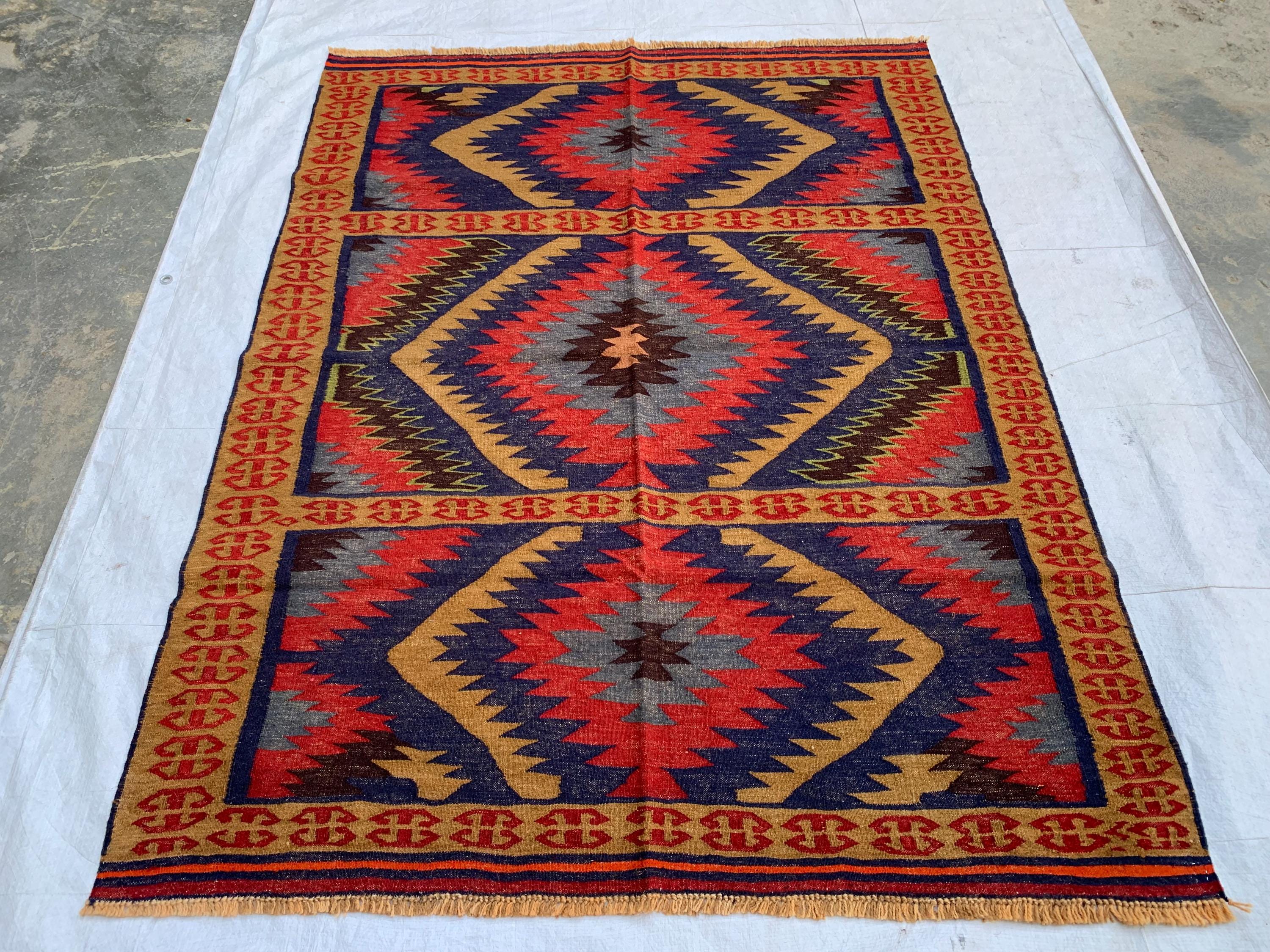 Antique Afghan Kilim Rug 5.8x4.5ft | Handwoven Wool Flatweave | Tribal Geometric Carpet |Boho Decor| Collectible Vintage Rug, Livingroom Rug