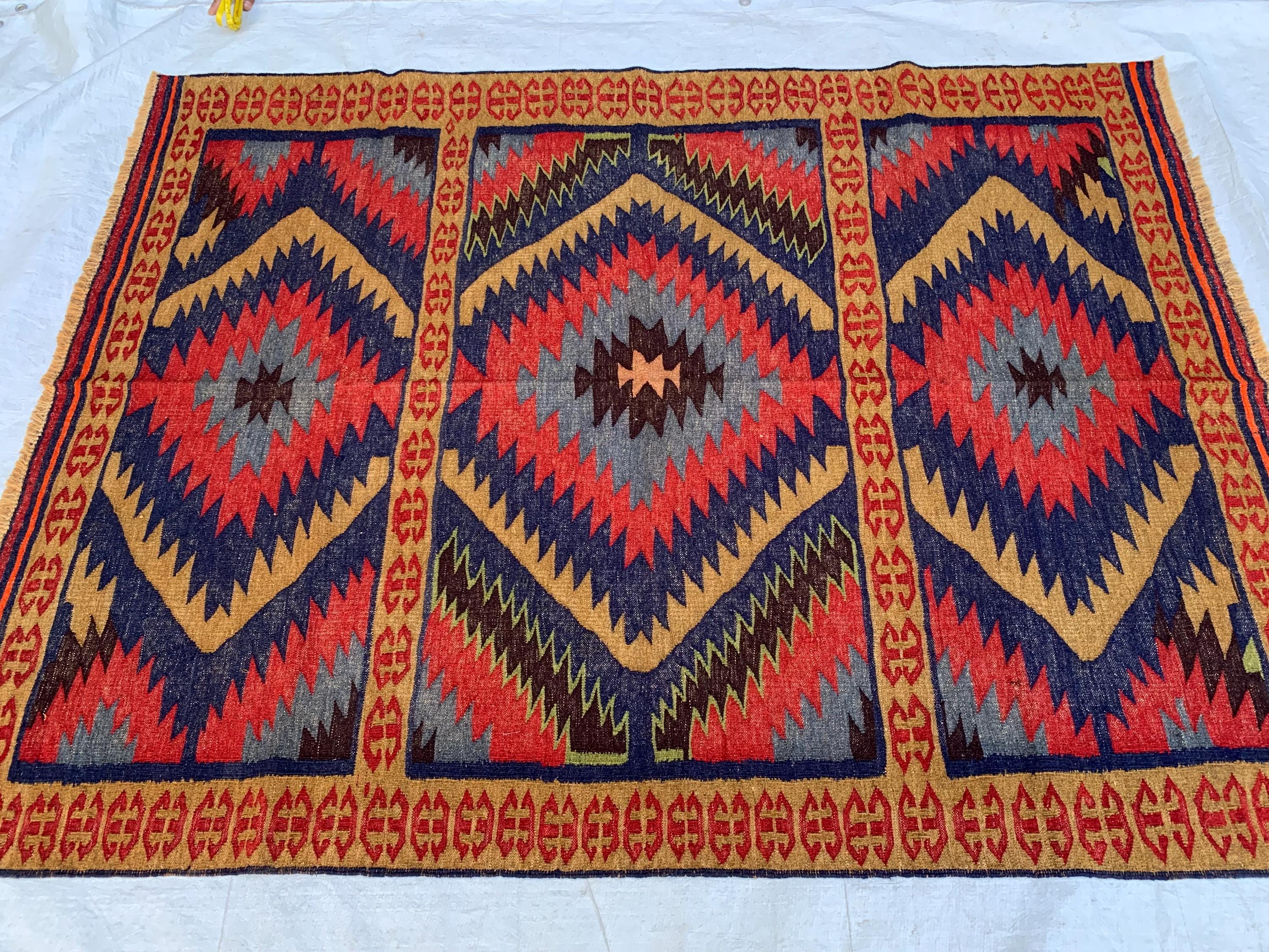 Antique Afghan Kilim Rug 5.8x4.5ft | Handwoven Wool Flatweave | Tribal Geometric Carpet |Boho Decor| Collectible Vintage Rug, Livingroom Rug