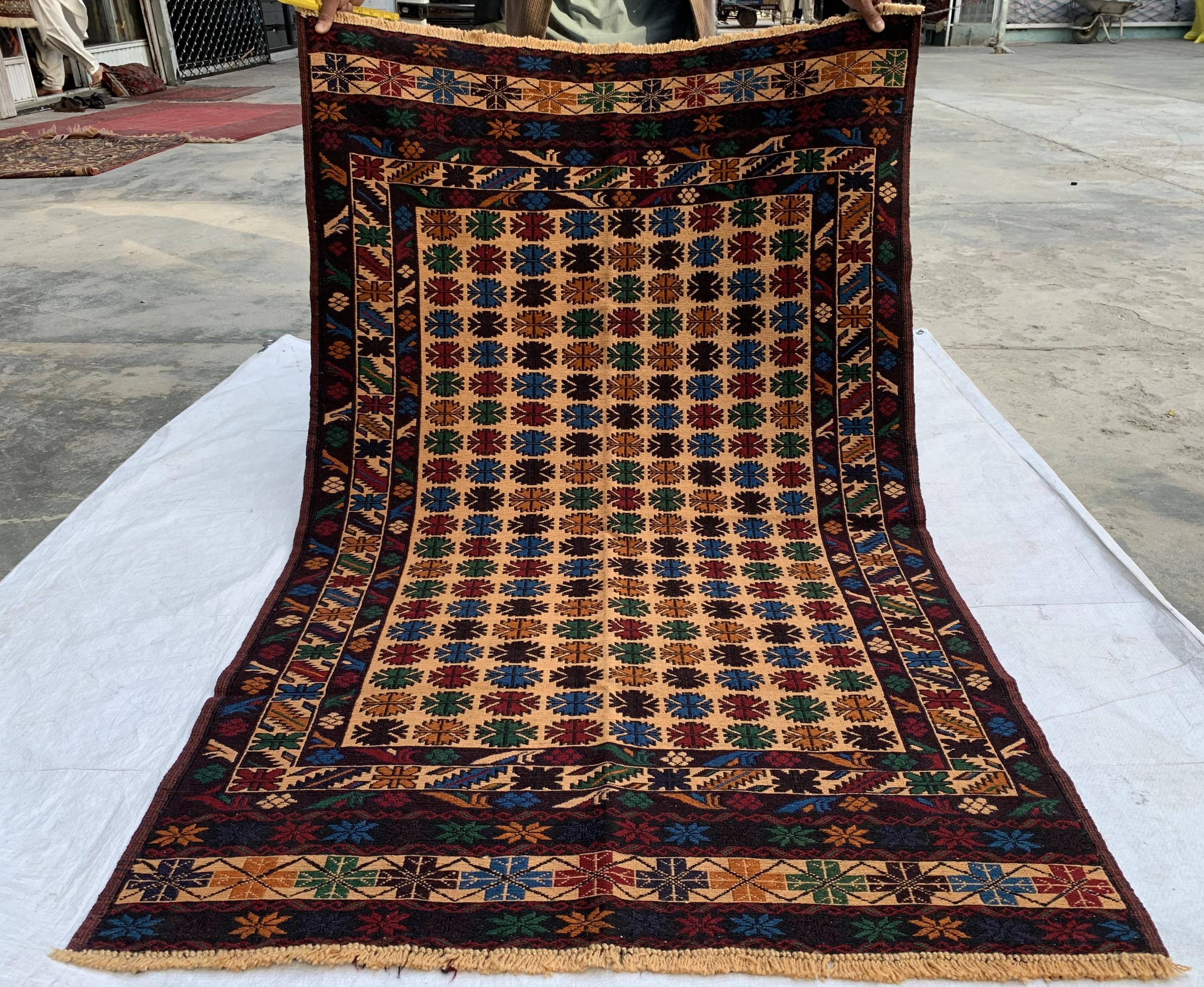 Vintage Tribal Herati Kilim Rug 4x6ft | Handmade Afghan Wool Flatweave | Boho Area Rug |Wall Hanging | Collectible Floor Decor, Kitchen Rug