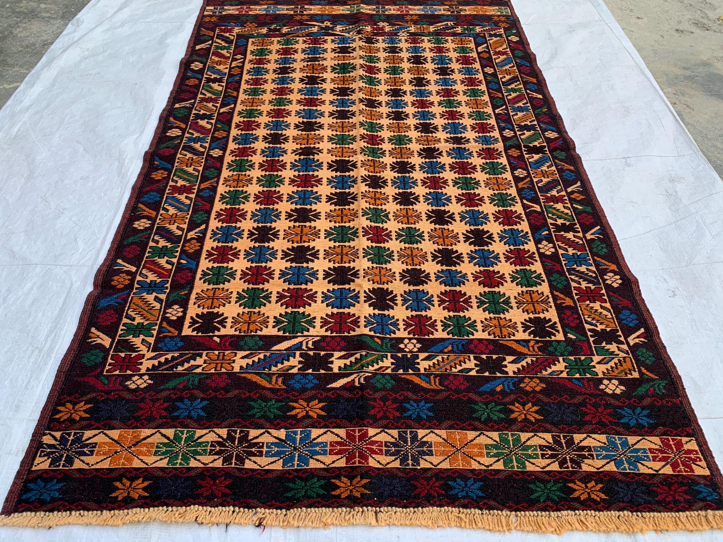 Vintage Tribal Herati Kilim Rug 4x6ft | Handmade Afghan Wool Flatweave | Boho Area Rug |Wall Hanging | Collectible Floor Decor, Kitchen Rug