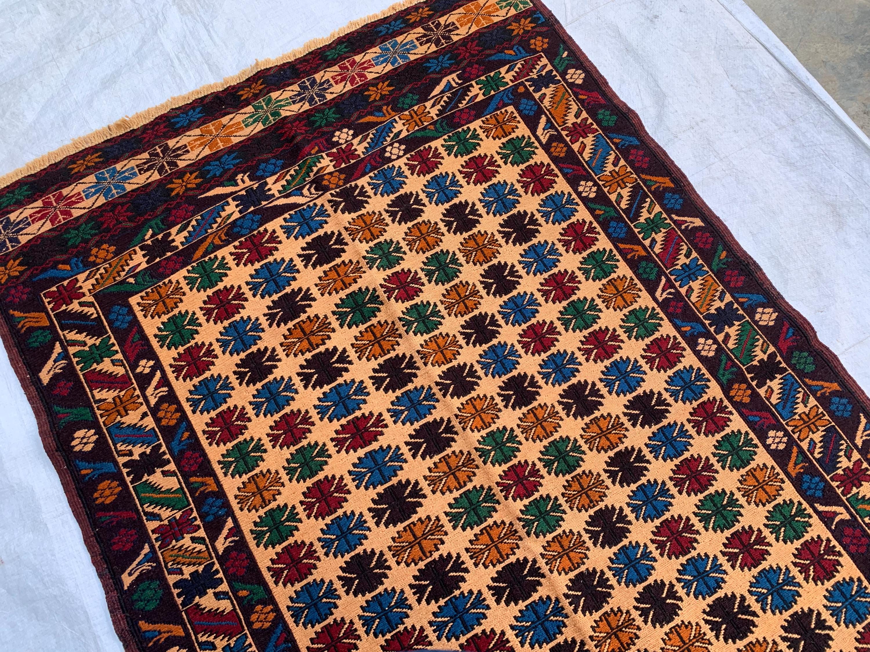 Vintage Tribal Herati Kilim Rug 4x6ft | Handmade Afghan Wool Flatweave | Boho Area Rug |Wall Hanging | Collectible Floor Decor, Kitchen Rug