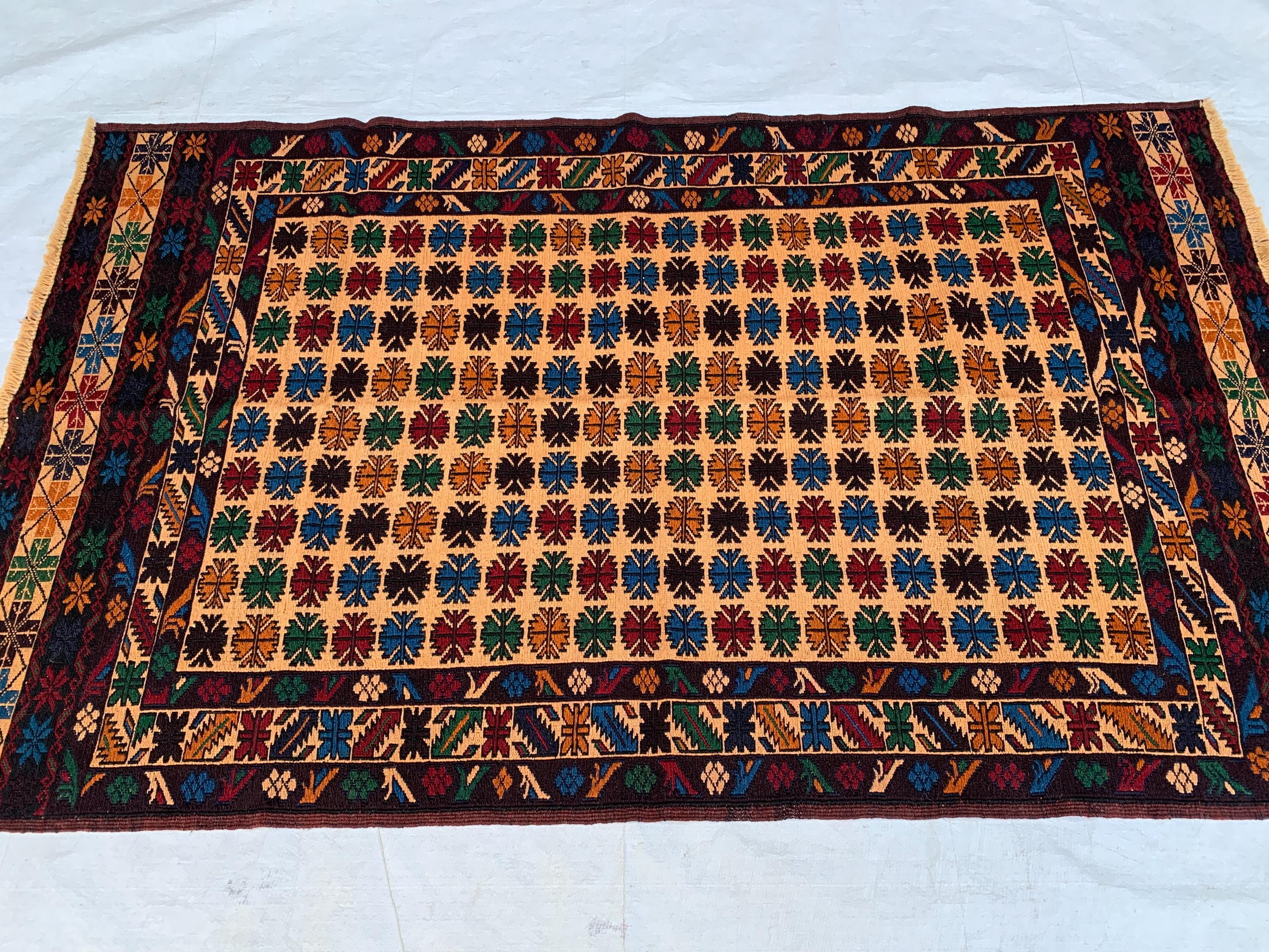 Vintage Tribal Herati Kilim Rug 4x6ft | Handmade Afghan Wool Flatweave | Boho Area Rug |Wall Hanging | Collectible Floor Decor, Kitchen Rug