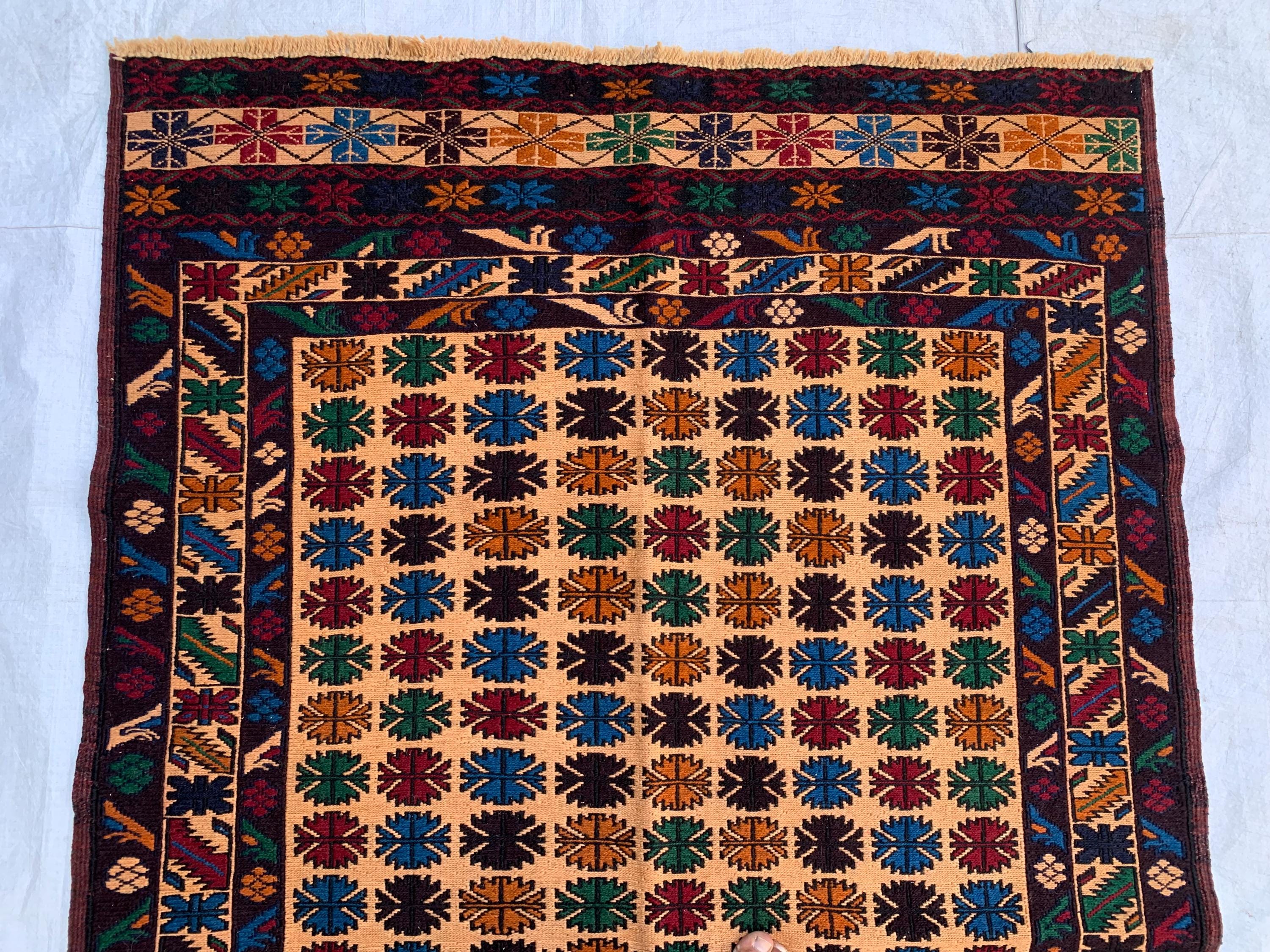 Vintage Tribal Herati Kilim Rug 4x6ft | Handmade Afghan Wool Flatweave | Boho Area Rug |Wall Hanging | Collectible Floor Decor, Kitchen Rug