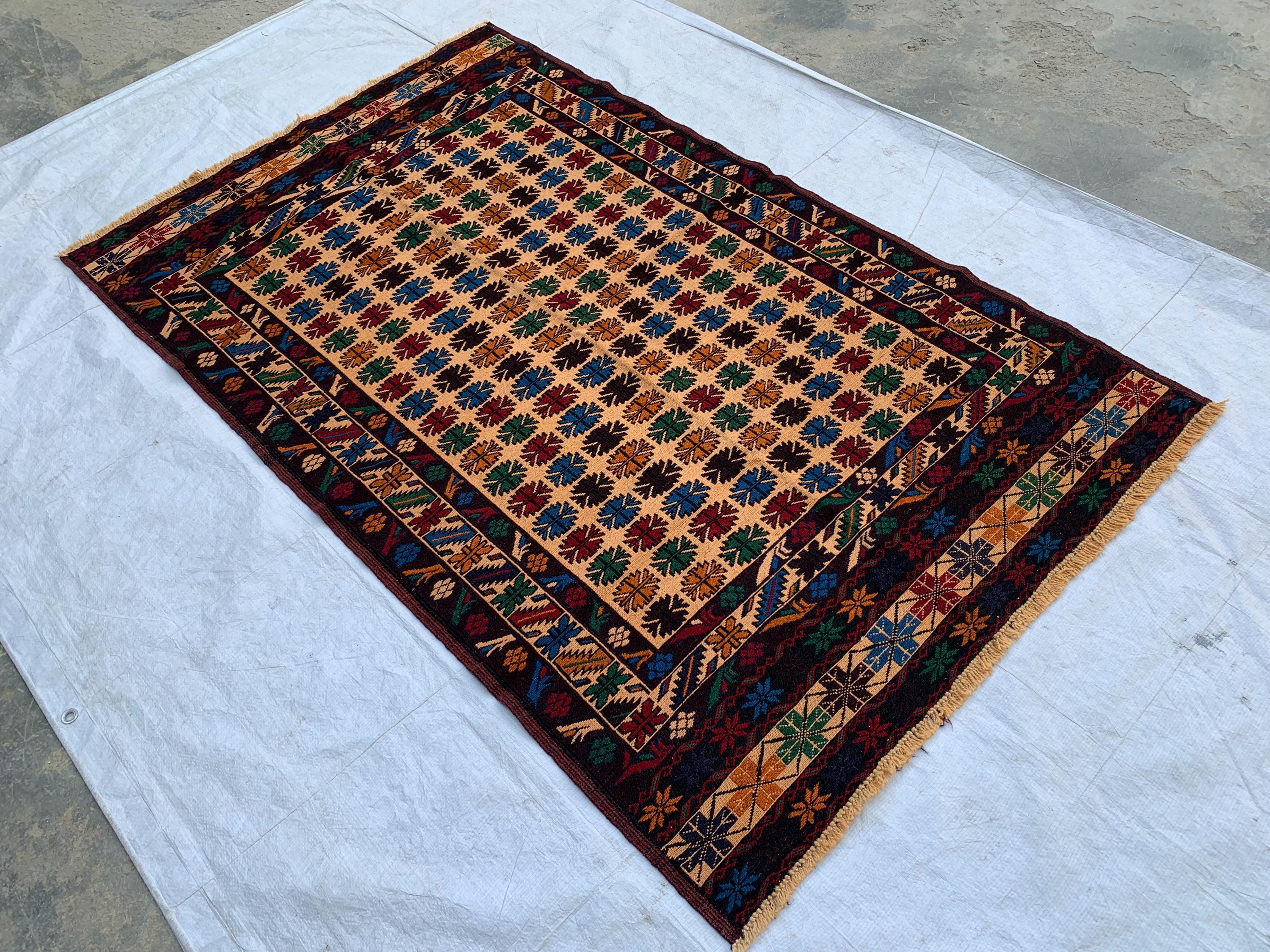 Vintage Tribal Herati Kilim Rug 4x6ft | Handmade Afghan Wool Flatweave | Boho Area Rug |Wall Hanging | Collectible Floor Decor, Kitchen Rug