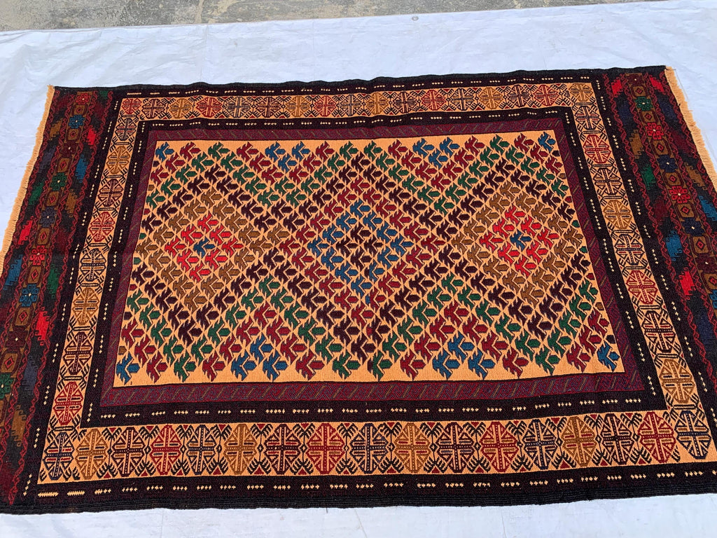 4x6ft, Vintage Kilim Rug | Burgundy Red Handmade Afghan Flatweave | Tribal Geometric Boho Area Carpet, Livingroom Rug, Farmhouse rug