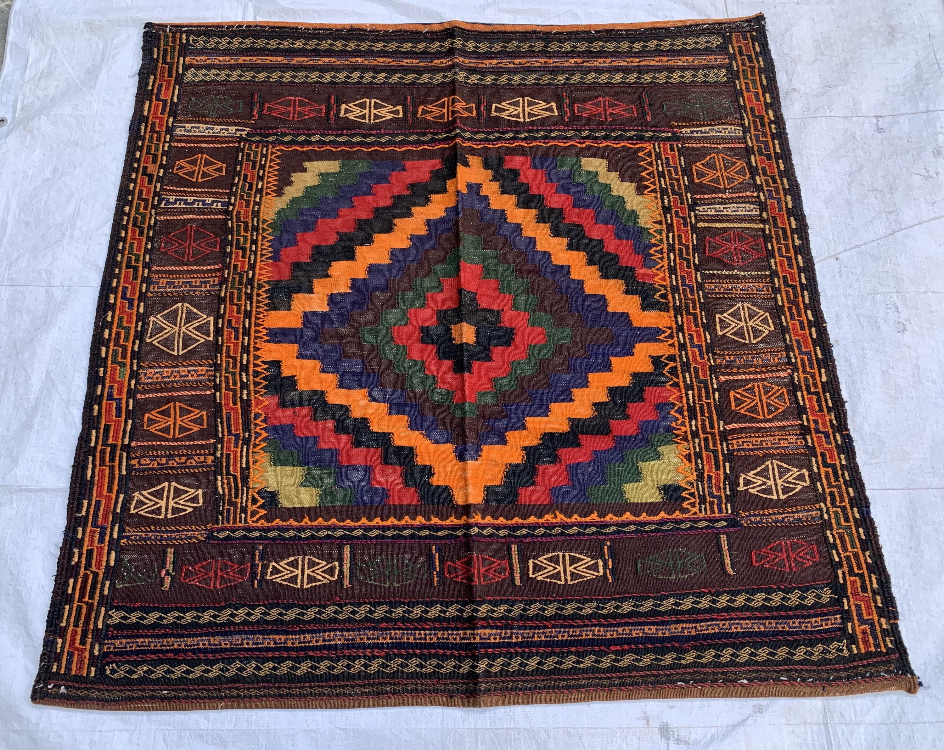 Vintage Afghan Kilim Rug 5'1" x 4'7" – Handmade Wool Flatweave – Multicolor Tribal Geometric Area Rug – Boho Carpet for Kitchen or Bedroom
