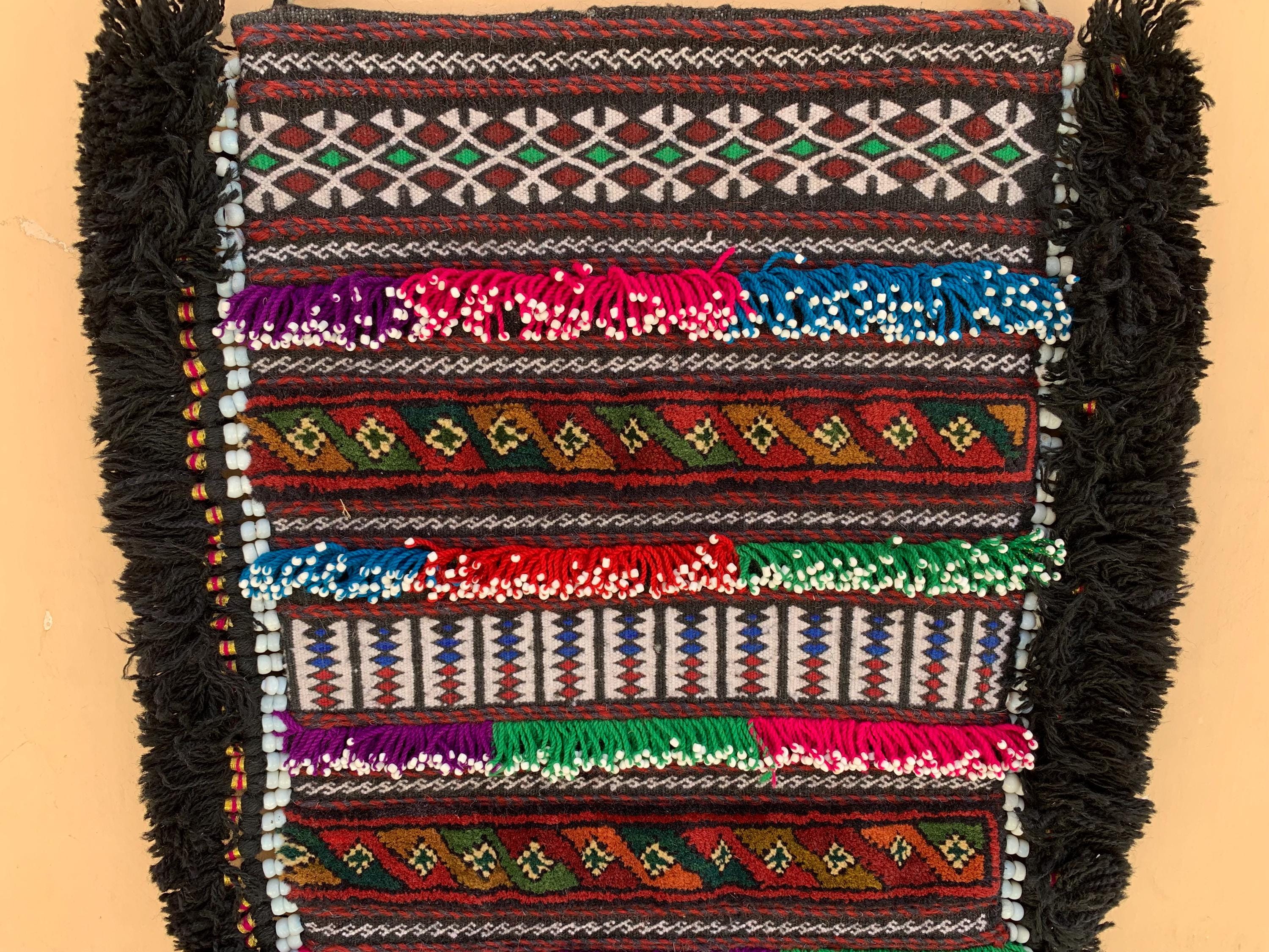 Handmade Tribal Wall Hanging 2.10 x 1.1 ft – Vintage Boho Textile Art, Ethnic Wool Decor, Colorful Kilim Style Wall Tapestry with Tassels