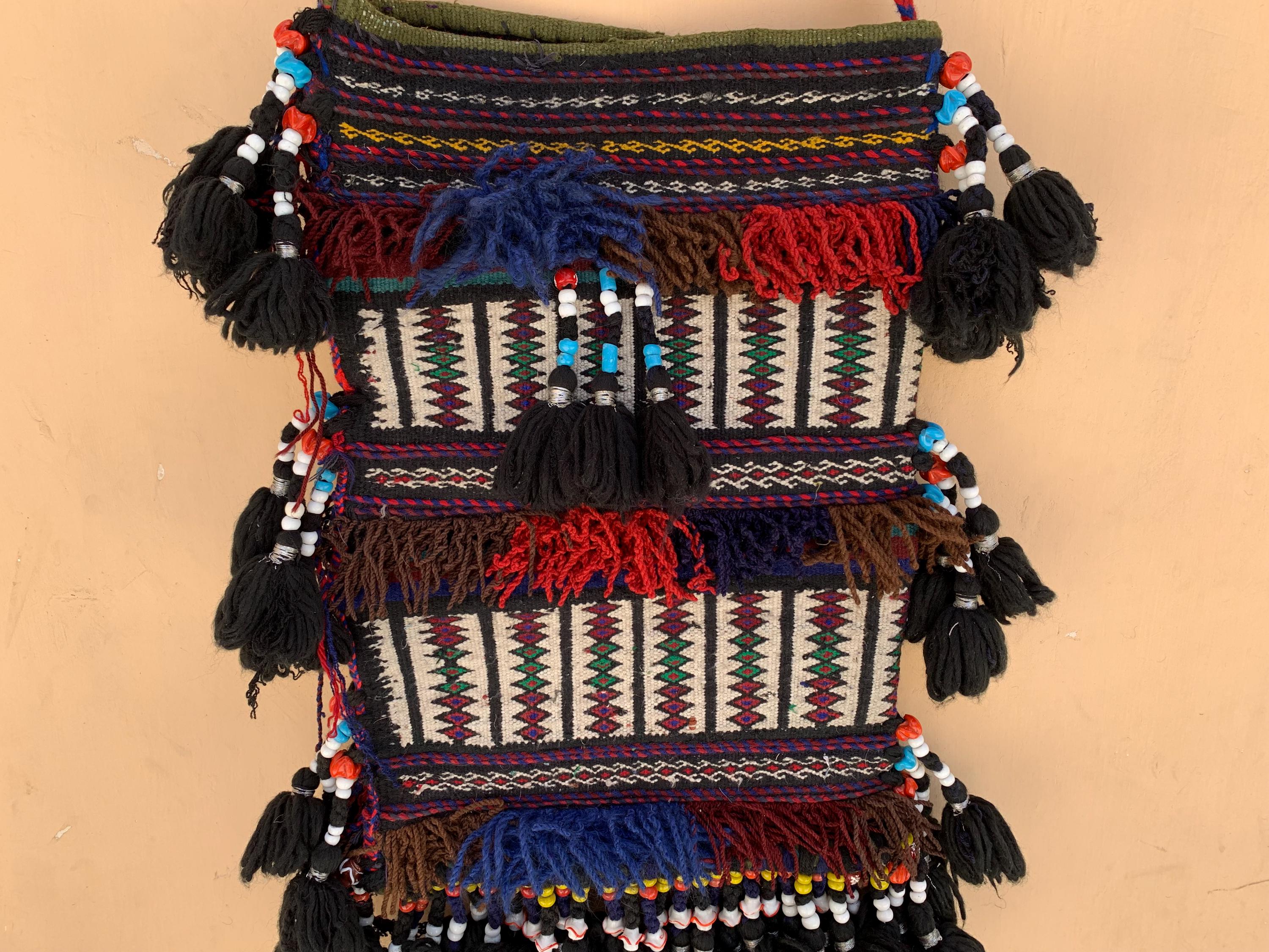 Wall Hanging Handmade Tribal 2.10x1.1 ft – Vintage Boho Textile Art, Ethnic Wool Decor, Colorful saddlebag Baluchi Textile with Tassels