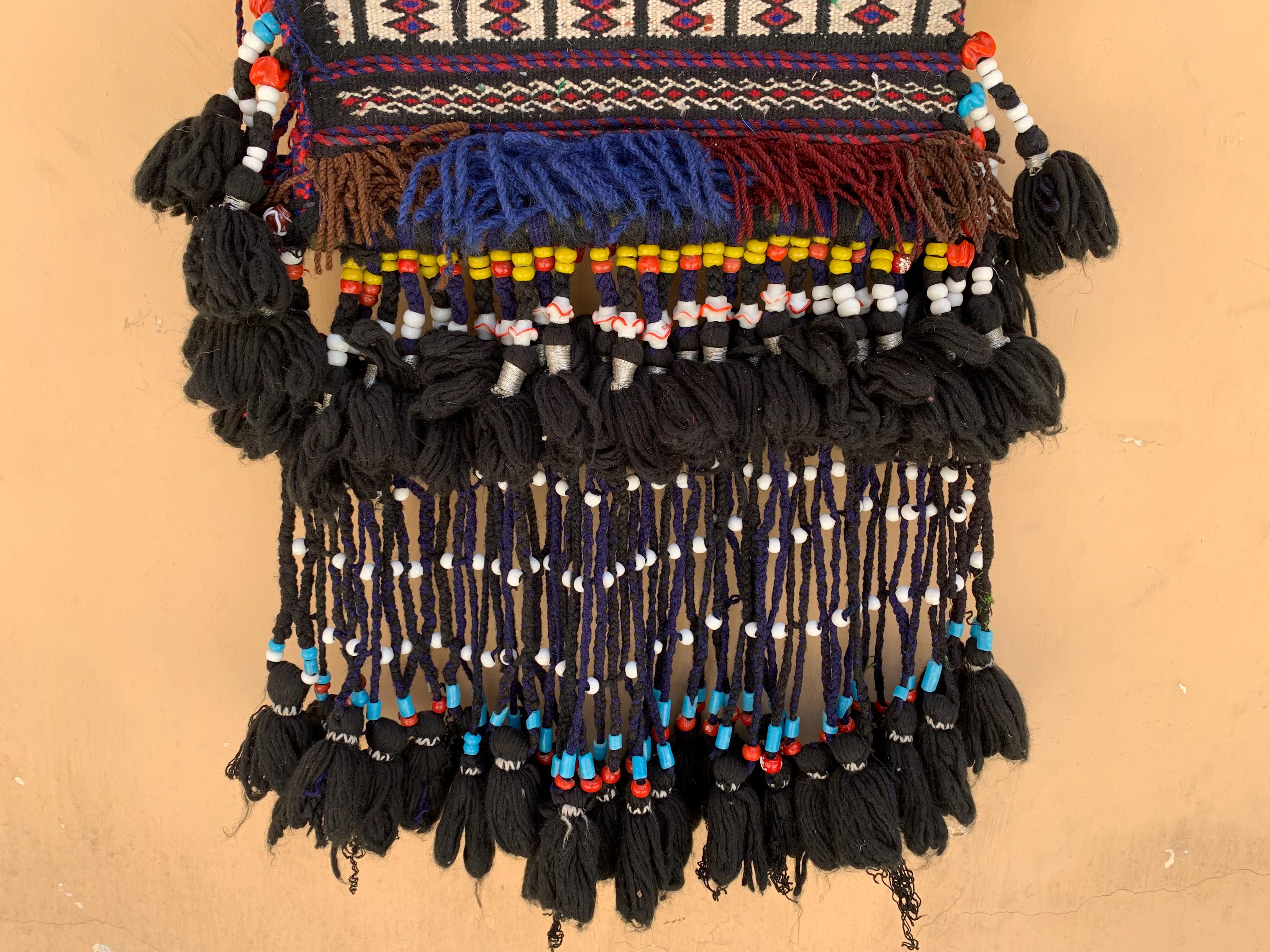 Wall Hanging Handmade Tribal 2.10x1.1 ft – Vintage Boho Textile Art, Ethnic Wool Decor, Colorful saddlebag Baluchi Textile with Tassels
