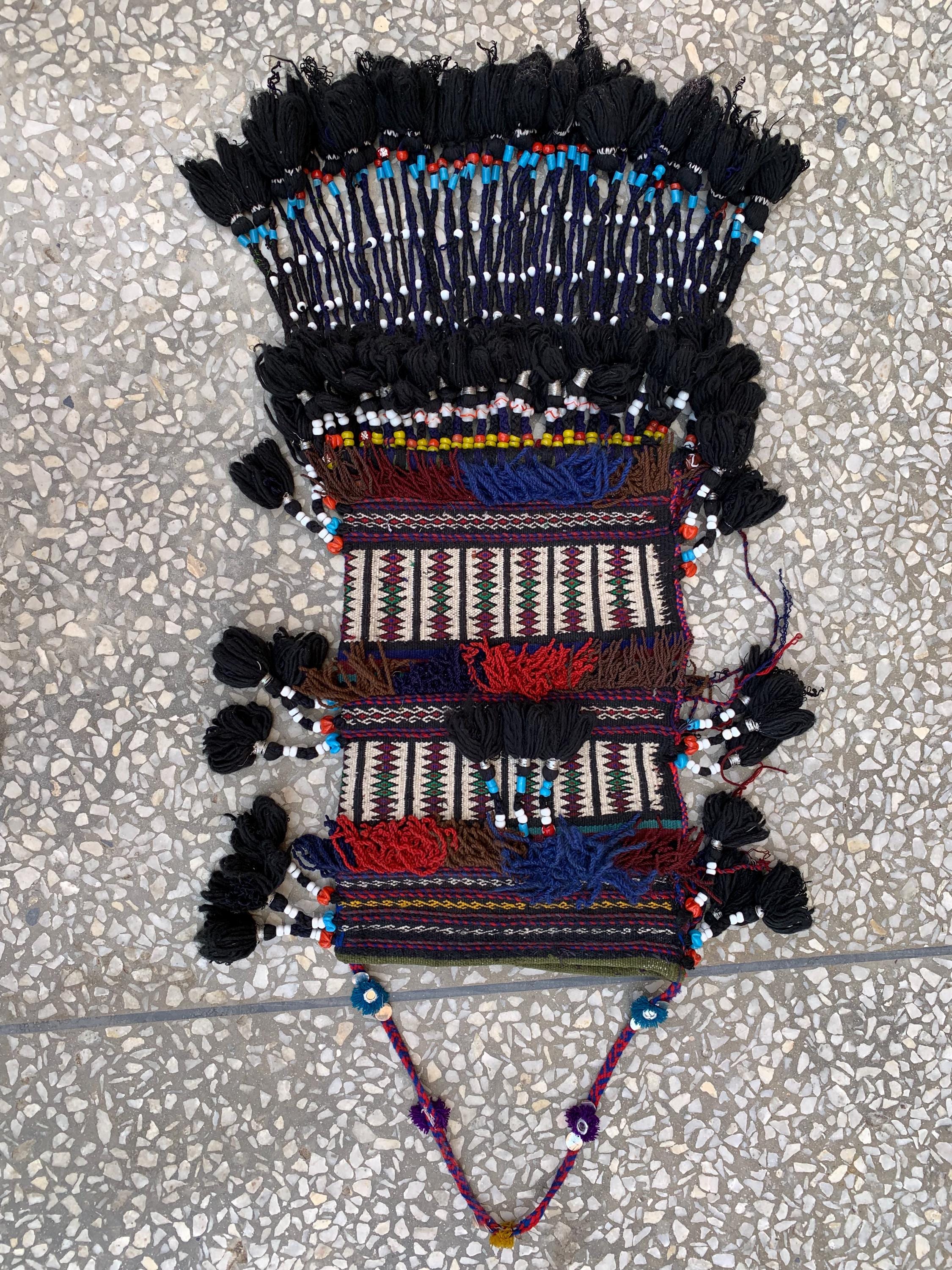 Wall Hanging Handmade Tribal 2.10x1.1 ft – Vintage Boho Textile Art, Ethnic Wool Decor, Colorful saddlebag Baluchi Textile with Tassels
