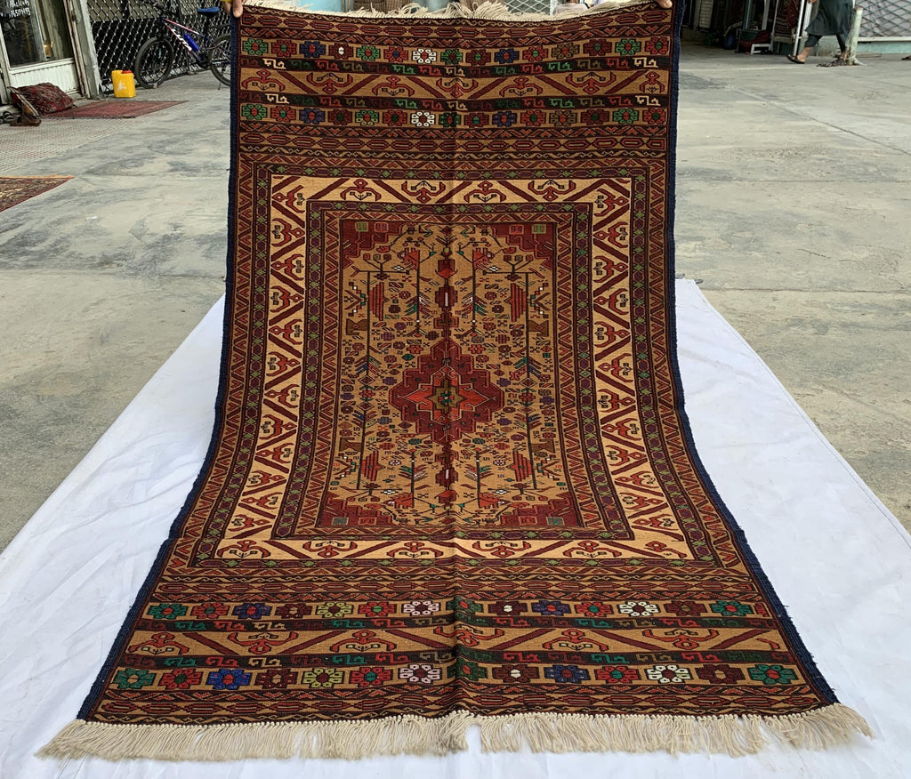 Turkmen Kilim Rug 3'10x 6'7 – Handwoven Wool Area Rug with Geometric Motifs – Red, Gold, Multicolor – Boho Living Room Decor
