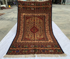 Turkmen Kilim Rug 3'10x 6'7 – Handwoven Wool Area Rug with Geometric Motifs – Red, Gold, Multicolor – Boho Living Room Decor