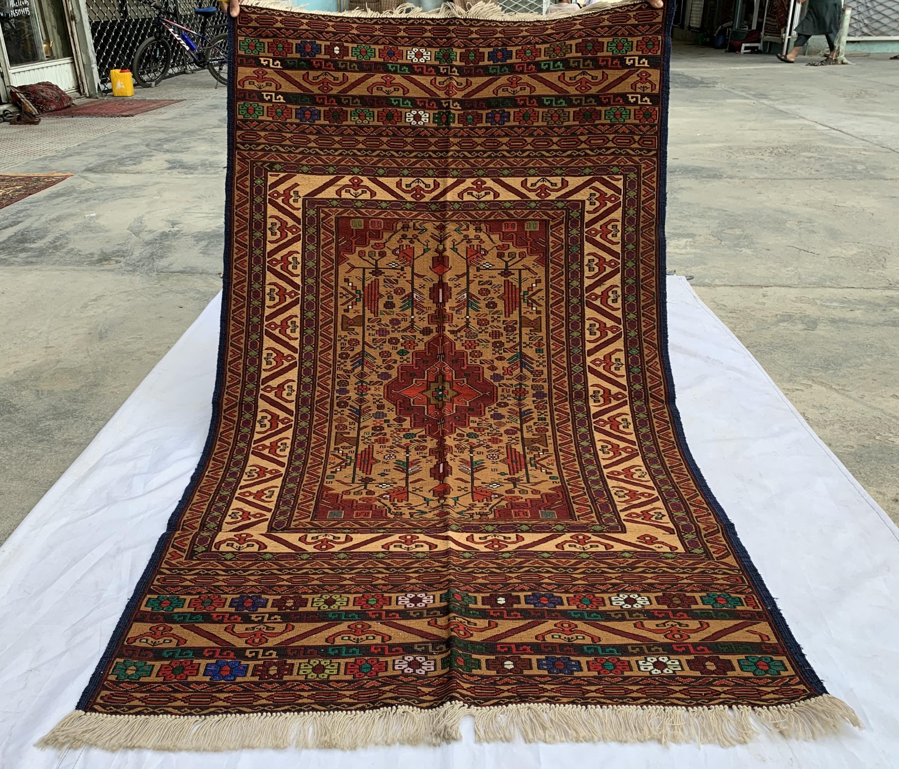 Turkmen Kilim Rug 3'10x 6'7 – Handwoven Wool Area Rug with Geometric Motifs – Red, Gold, Multicolor – Boho Living Room Decor