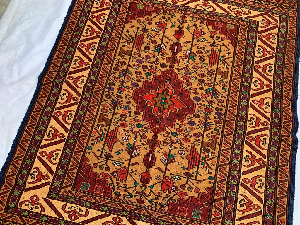 Turkmen Kilim Rug 3'10x 6'7 – Handwoven Wool Area Rug with Geometric Motifs – Red, Gold, Multicolor – Boho Living Room Decor