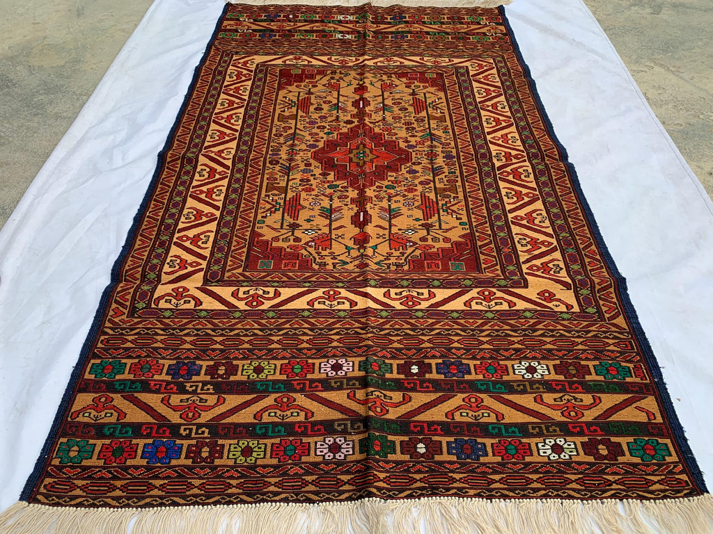 Turkmen Kilim Rug 3'10x 6'7 – Handwoven Wool Area Rug with Geometric Motifs – Red, Gold, Multicolor – Boho Living Room Decor