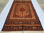 Turkmen Kilim Rug 3'10x 6'7 – Handwoven Wool Area Rug with Geometric Motifs – Red, Gold, Multicolor – Boho Living Room Decor