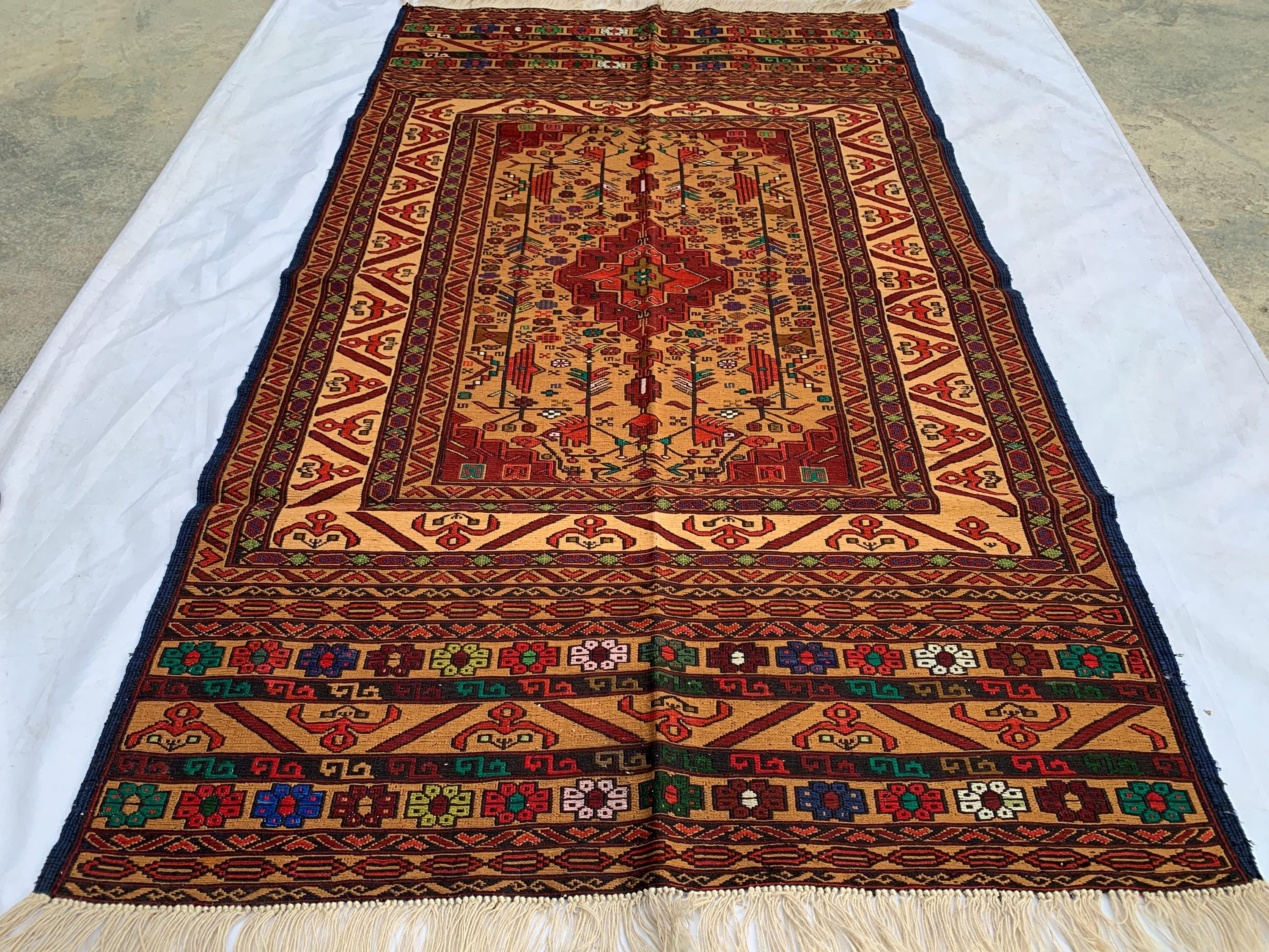 Turkmen Kilim Rug 3'10x 6'7 – Handwoven Wool Area Rug with Geometric Motifs – Red, Gold, Multicolor – Boho Living Room Decor