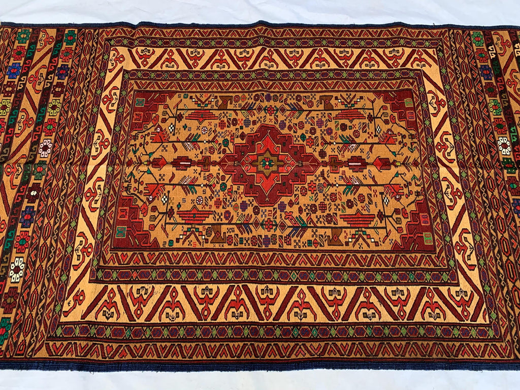 Turkmen Kilim Rug 3'10x 6'7 – Handwoven Wool Area Rug with Geometric Motifs – Red, Gold, Multicolor – Boho Living Room Decor