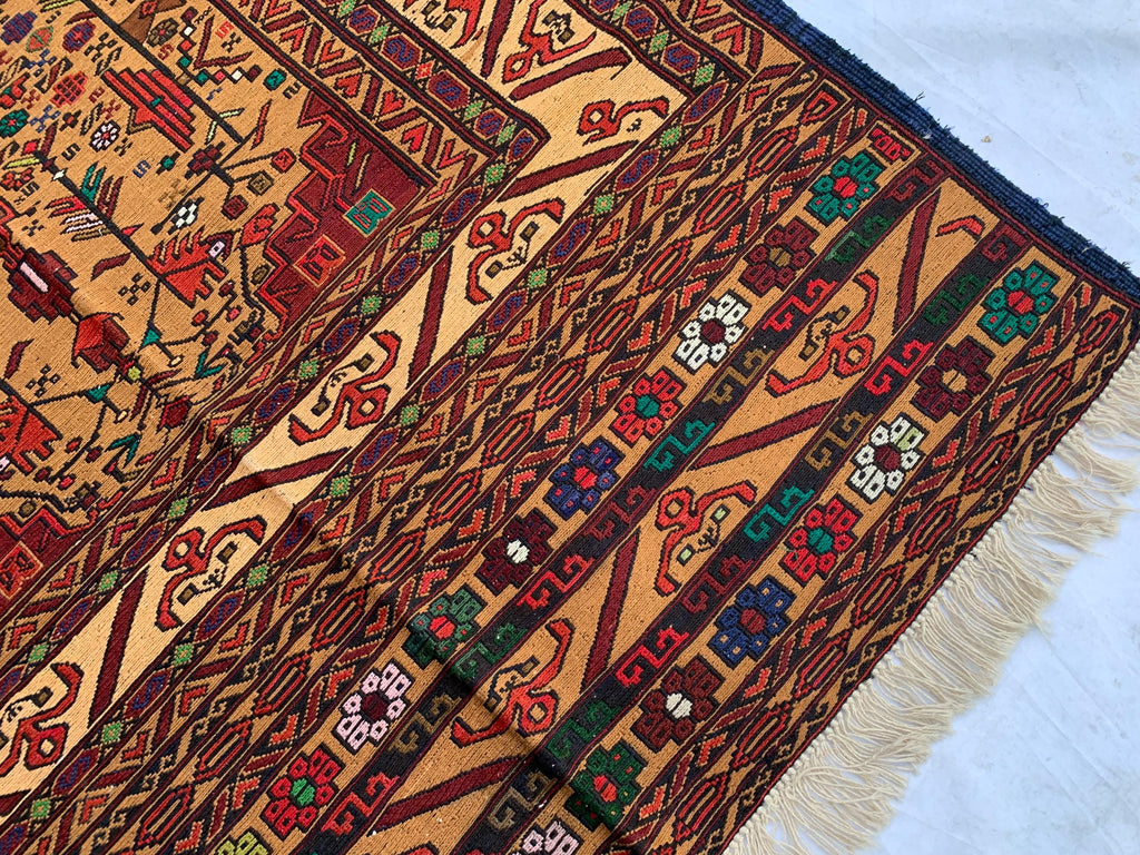 Turkmen Kilim Rug 3'10x 6'7 – Handwoven Wool Area Rug with Geometric Motifs – Red, Gold, Multicolor – Boho Living Room Decor