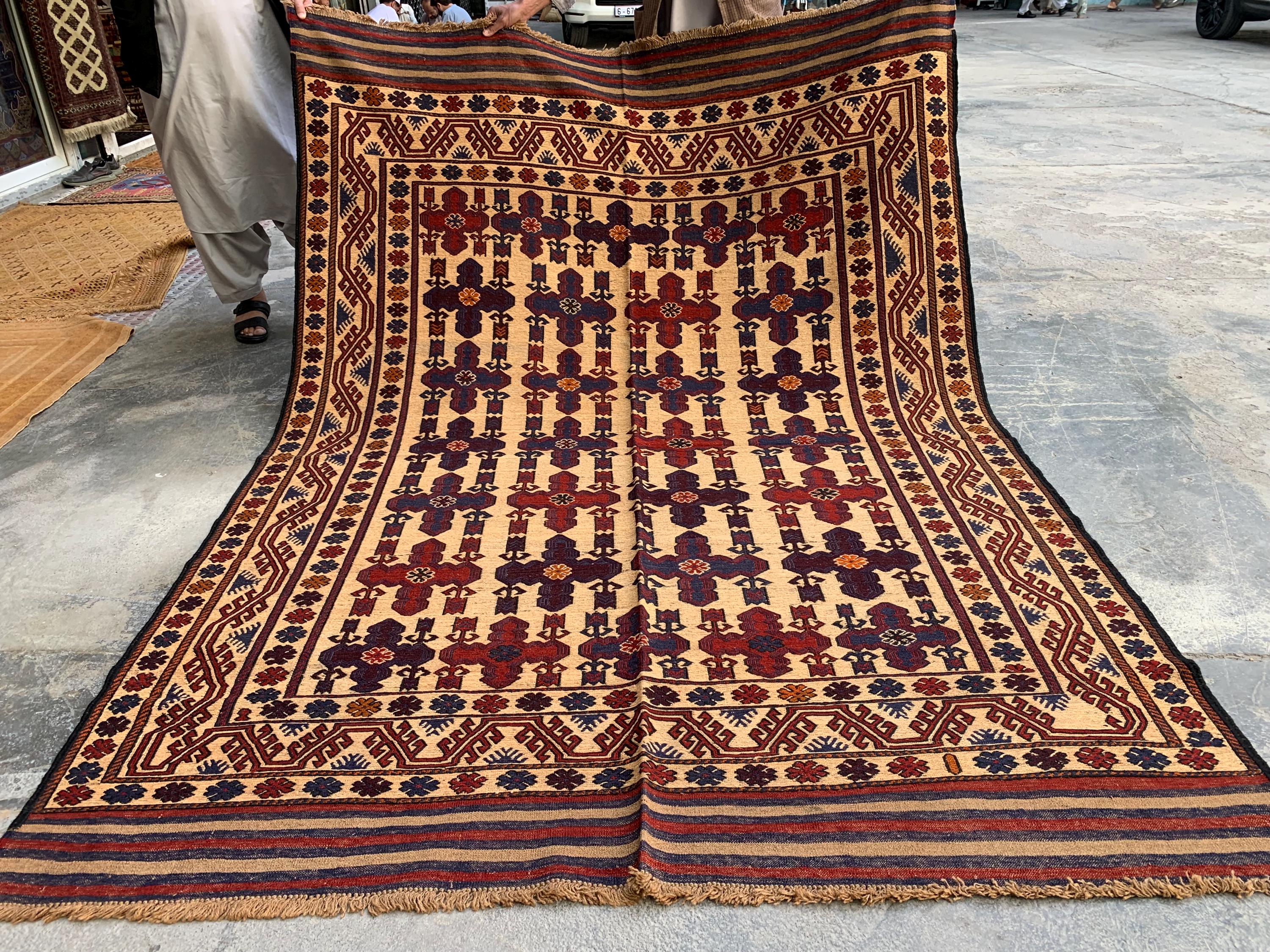 4x6ft Vintage Tribal Kilim Rug – Handwoven Wool Rug | Afghan Nomadic Carpet | Red, Indigo, Beige Geometric Pattern | Boho Decor 192x138 cm